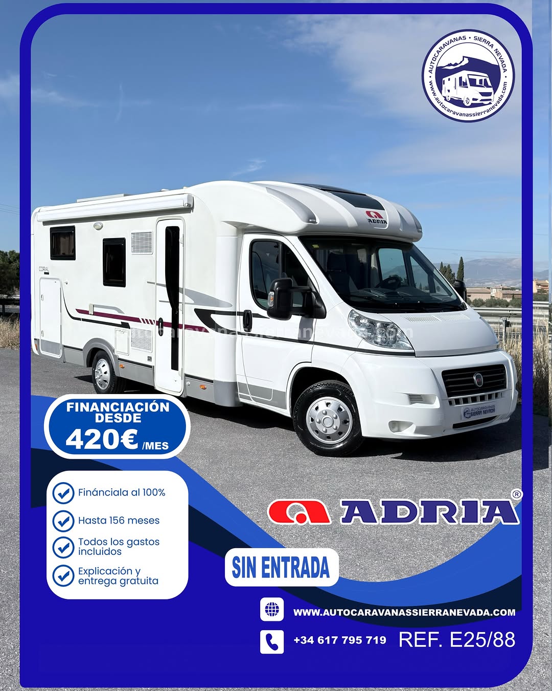 ADRIA CORAL S690SC

Autocaravanas Sierra Nevada empresa con más de 20 años de experiencia en el sector de venta de ocasión os ofrece esta magnífica casa rodante.🗣️👉 Para más información o precio 💵 consulté en nuestra página web

www.autocaravanassierranevada.com

➡️🌐💻 o haga click👉🖱️ en nuestro enlace ⬇️👇

https://autocaravanassierranevada.com/listings/adria-coral-s690sc/

¿Quieres pagar a plazos?
Llama y te informamos sin compromiso

📞617795719
📞621251555

EQUIPAMIENTO Y EXTRAS 👇

MOTOR: Fiat Ducato 2.3 Multijet 130cv
AÑO: 2011
KM: 105.000
Medidas exteriores: 7,30m x 2,70m
Plazas viajar: 5
Plazas dormir: 3
* Medida maletero con doble portón: (2,20m x 1,05m x 0,90m)
* Camas (Isla/Salón Convertible)
* Suspensión Neumática

Extras y Equipamiento:
- Aire acondicionado(de motor)
- AirBag(conductor y copiloto)
- Velocidad de Crucero
- Cierre centralizado(en cabina)
- Espejos eléctricos
- Elevalunas eléctricos
- Radio (USB-MP3-BT-AUX)
- Asientos giratorios
- Oscurecedores REMIS en cabina completa
- Mosquiteras en ventanas y claraboyas
- Claraboyas transparentes y Claraboya panorámica xxl en cabina
- Frigo DOMETIC (220v, Gas, 12v, Auto) 160L capacidad
- Horno
- Extractor de humos
- Ducha con mampara separada de aseo
- Baterías de 100ah.
- Placa solar de 100w.
- Calefacción Truma Combi
- Tv 12v. (TDT-HDMI-USB-DVD)
- Escalón de doble peldaño integrado
- Toldo FIAMMA de 4m.
- Patas estabilizadoras
- Portabicis FIAMMA para 2
- Neumáticos reforzados marca CONTINENTAL especial camper

#autocaravanasgranada
#autocaravanaocasion
#autocaravanasdeocasion
#ventaautocaravana
#compraautocaravana
#autocaravanabarata
#caravaningandalucia
#autocaravanasur
#granadaturismo
#granadaocasion
#andaluciavanlife
#vanlife
#camperlife
#motorhome
#campervan
#viajarenautocaravana
#caravaninglife
#aventuraenruta
#viajeslibres
#escapadarural
#naturalezaylibertad
#viajarporelmundo
#rutavanlife
#descubreespaña
#autocaravanaspain