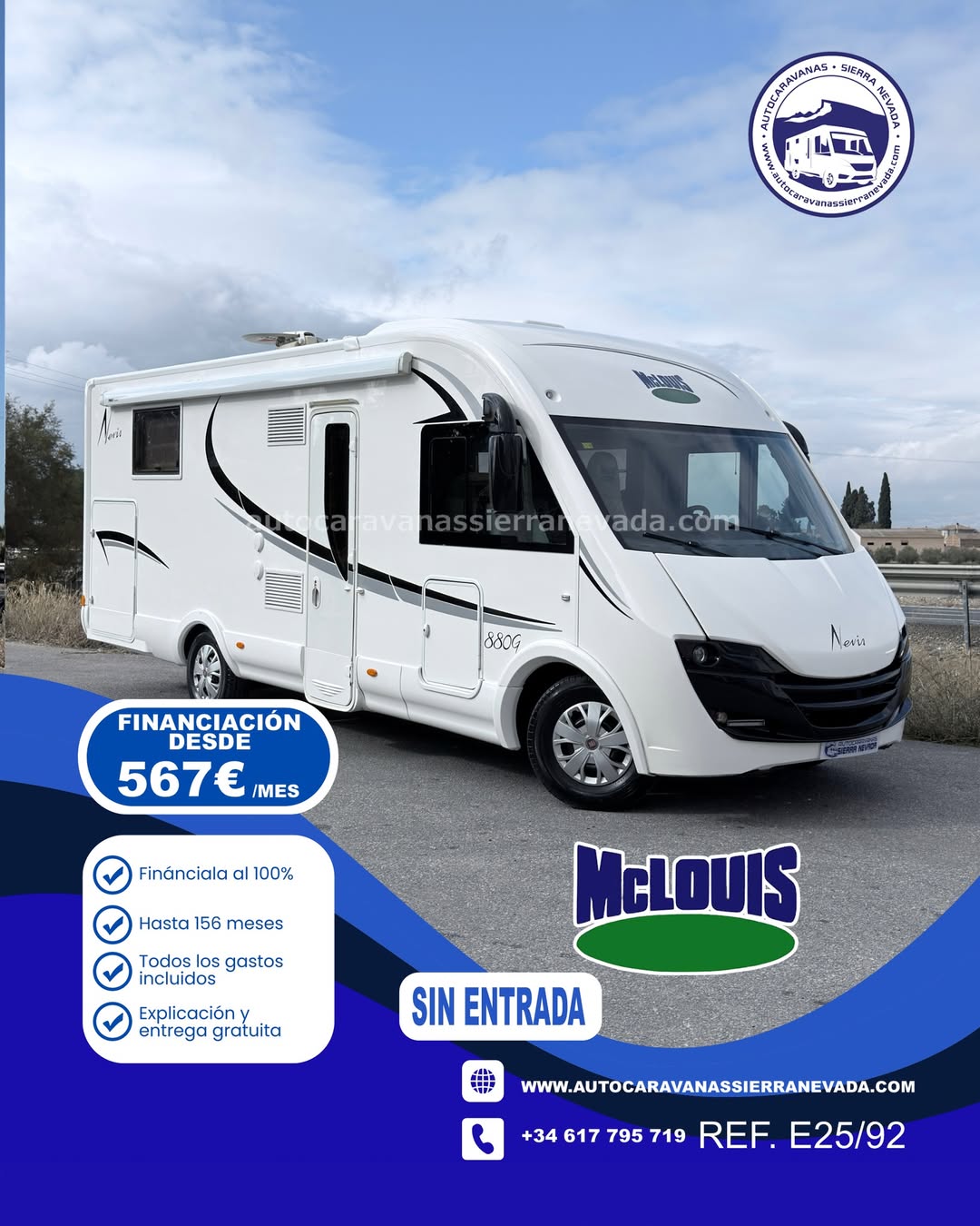 AUTOCARAVANA INTEGRAL MCLOUIS NEVIS 880G

Autocaravanas Sierra Nevada empresa con más de 20 años de experiencia en el sector de venta de ocasión os ofrece esta magnífica casa rodante.🗣️👉 Para más información o precio 💵 consulté en nuestra página web

www.autocaravanassierranevada.com

➡️🌐💻 o haga click👉🖱️ en nuestro enlace ⬇️👇

https://autocaravanassierranevada.com/listings/mclouis-nevis-880g/

¿Quieres pagar a plazos?
Llama y te informamos sin compromiso

📞617 79 57 19
📞687 85 35 11

EQUIPAMIENTO Y EXTRAS 👇

INTEGRAL MCLOUIS NEVIS 880G

MOTOR: FIAT DUCATO 2.3 MULTIJET 150cv
AÑO: 2015
KM: 60.000
Medidas exteriores: 7,30m x 2,90m
Plazas: 4 viajar

Extras y Equipamiento:

* Medida maletero con doble acceso: (2,20m x 1,00m x 1,20m)
* Camas (Isla elevable manual /Colgante en Cabina)

- Aire acondicionado de motor
- AirBag(conductor y copiloto)
- Velocidad de Crucero
- Cierre centralizado
- Espejos eléctricos
- Elevalunas eléctricos solo conductor
- Radio (2DIN-CD-USB-BT-AUX)
- Camara de Visión trasera
- Asientos Giratorios
- Oscurecedores REMIS en cabina completa
- Mosquiteras en ventanas, claraboyas y puerta principal
- Claraboyas transparentes y Claraboya xxl en salón
- Frigo THETFORD (220v, Gas, 12v, Auto) 149L capacidad
- TurboVent en cocina
- Extractor de humos
- Ducha con mampara separada de aseo
- Batería de 95ah.
- Placa solar de 100w.
- Calefacción Truma Inet Ready a gasoil
- 2 TV 12v(HDMI-TDT-USB-DVD)
- Escalón doble peldaño integrado
- Toldo THULE de 4,5m.
- Portabicis para 2
- Neumáticos reforzados especial camper

#autocaravanasgranada
#autocaravanaocasion
#autocaravanasdeocasion
#ventaautocaravana
#compraautocaravana
#autocaravanabarata
#caravaningandalucia
#autocaravanasur
#granadaturismo
#granadaocasion
#andaluciavanlife
#vanlife
#camperlife
#motorhome
#campervan
#viajarenautocaravana
#caravaninglife
#aventuraenruta
#viajeslibres
#escapadarural
#naturalezaylibertad
#viajarporelmundo
#rutavanlife
#descubreespaña