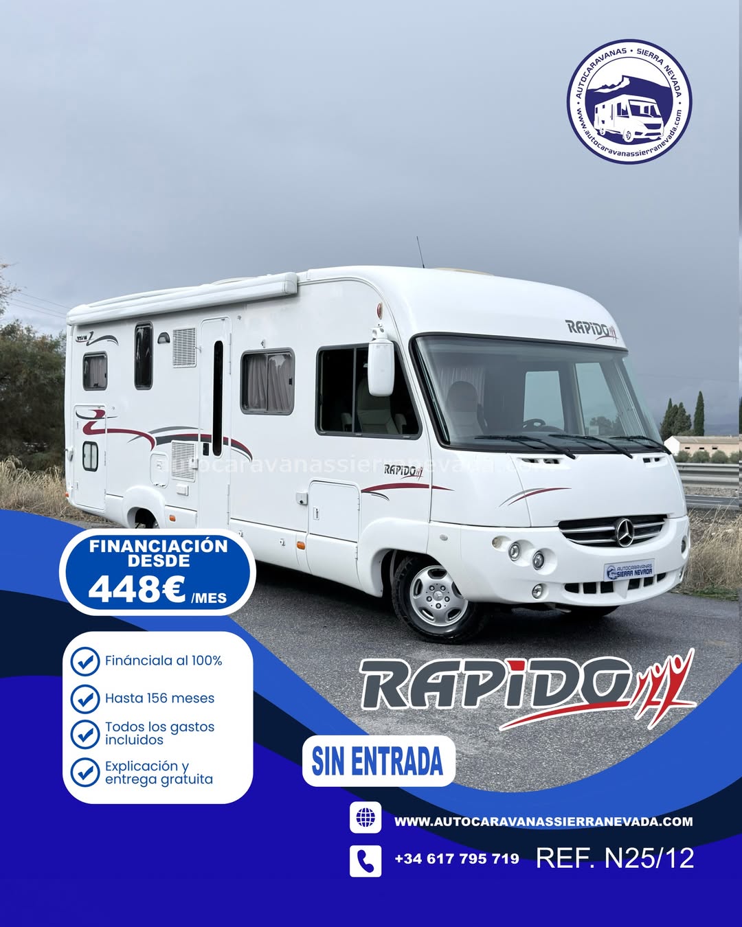 INTEGRAL RAPIDO 997 M

Autocaravanas Sierra Nevada empresa con más de 20 años de experiencia en el sector de venta de ocasión os ofrece esta magnífica casa rodante.🗣️👉 Para más información o precio 💵 consulté en nuestra página web

www.autocaravanassierranevada.com

➡️🌐💻 o haga click👉🖱️ en nuestro enlace ⬇️👇

https://autocaravanassierranevada.com/listings/rapido-997-m/

¿Quieres pagar a plazos?
Llama y te informamos sin compromiso

📞617795719
📞621251555

EQUIPAMIENTO Y EXTRAS 👇

MOTOR: Fiat Ducato 2.3 Multijet 157cv 5 CILINDROS
AÑO: 2007
KM: 161.000KM
Medidas exteriores: 7,20m x 2,90m
Plazas viajar: 4
Plazas para dormir: 4

Extras y Equipamiento:
* Medida maletero con doble portón: (2,20m x 1,10m x 1,20m)
* Camas (Transversal/Colgante en cabina)
* Cambio Automàtico
* Cadena de distribución

- Aire acondicionado de motor
- ASR
- Velocidad de Crucero
- Cierre centralizado
- Espejos eléctricos
- Elevalunas eléctricos(conductor)
- Radio (CD)
- Camara de Visión trasera
- Asientos giratorios
- Oscurecedores REMIS en cabina
- Mosquiteras en ventanas y claraboyas
- Claraboya XXL en salòn
- Frigo DOMETIC (220v, Gas, 12v, Auto) 150L capacidad
- Extractor de Humos
- Ducha con mampara separado de aseo
- Baterías de 100ah.
- Placa solar de 100w.
- Calefacción Trumatic c
- Tv 12v.(DVD-HDMI-USB)
- Escalón eléctrico de aluminio
- Toldo OMNISTOR de 4,5m.
- Baca de aluminio
- Patas estabilizadoras
- Prtabicis para 3
- Cierres de Seguridad 4
- Maleteros extraibles
- Neumáticos reforzados especial camper

#autocaravanasgranada
#autocaravanaocasion
#autocaravanasdeocasion
#ventaautocaravana
#compraautocaravana
#autocaravanabarata
#caravaningandalucia
#autocaravanasur
#granadaturismo
#granadaocasion
#andaluciavanlife
#vanlife
#camperlife
#motorhome
#campervan
#viajarenautocaravana
#caravaninglife
#aventuraenruta
#viajeslibres
#escapadarural
#naturalezaylibertad
#viajarporelmundo
#rutavanlife
#descubreespaña
