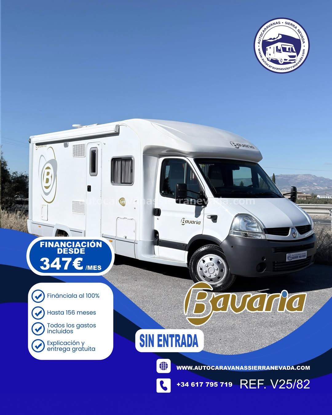 PERFILADA BAVARIA T670

Autocaravanas Sierra Nevada empresa con más de 20 años de experiencia en el sector de venta de ocasión os ofrece esta magnífica casa rodante.🗣️👉 Para más información o precio 💵 consulté en nuestra página web

www.autocaravanassierranevada.com

➡️🌐💻 o haga click👉🖱️ en nuestro enlace ⬇️👇

https://autocaravanassierranevada.com/listings/bavaria-t670/

¿Quieres pagar a plazos?
Llama y te informamos sin compromiso

📞617795719
📞621251555

EQUIPAMIENTO Y EXTRAS 👇

MOTOR RENAULT 2.5 DCI 150CV
AÑO: 2009
KM: 93.000
Medidas exteriores: 6,70m x 2,80xm
Plazas viajar: 4
Plazas para dormir: 4

Extras y Equipamiento:
* Medida maletero con doble portón: (1,400m x 1,95m x 0,60m)
* Camas (Isla/Colgante en cabina)

* Medida maletero con doble portón: (1,40m x 1,95m x 0,60m)
* Camas (Francesa/Salón Convertible)

- Aire acondicionado de motor
- AirBag(conductor)
- Cierre centralizado(en cabina)
- Espejos eléctricos
- Elevalunas eléctricos
- Radio (USB-SD-BT-AUX)
- Asientos giratorios
- Oscurecedores REMIS en cabina
- Mosquiteras en ventanas y claraboyas
- Claraboya XXL en salón
- Frigo DOMETIC (220v, Gas, 12v, Auto) 142L capacidad
- Horno a gas
- Extractor de humos
- Ducha con mampara dentro de aseo
- Baterías de 100ah.
- Placa solar de 100w.
- Calefacción Truma Combi
- Escalón eléctrico de aluminio
- Toldo OMNISTOR de 3,5m.
- Portabicis para 3
- Neumáticos reforzados especial camper

#autocaravanasgranada
#autocaravanaocasion
#autocaravanasdeocasion