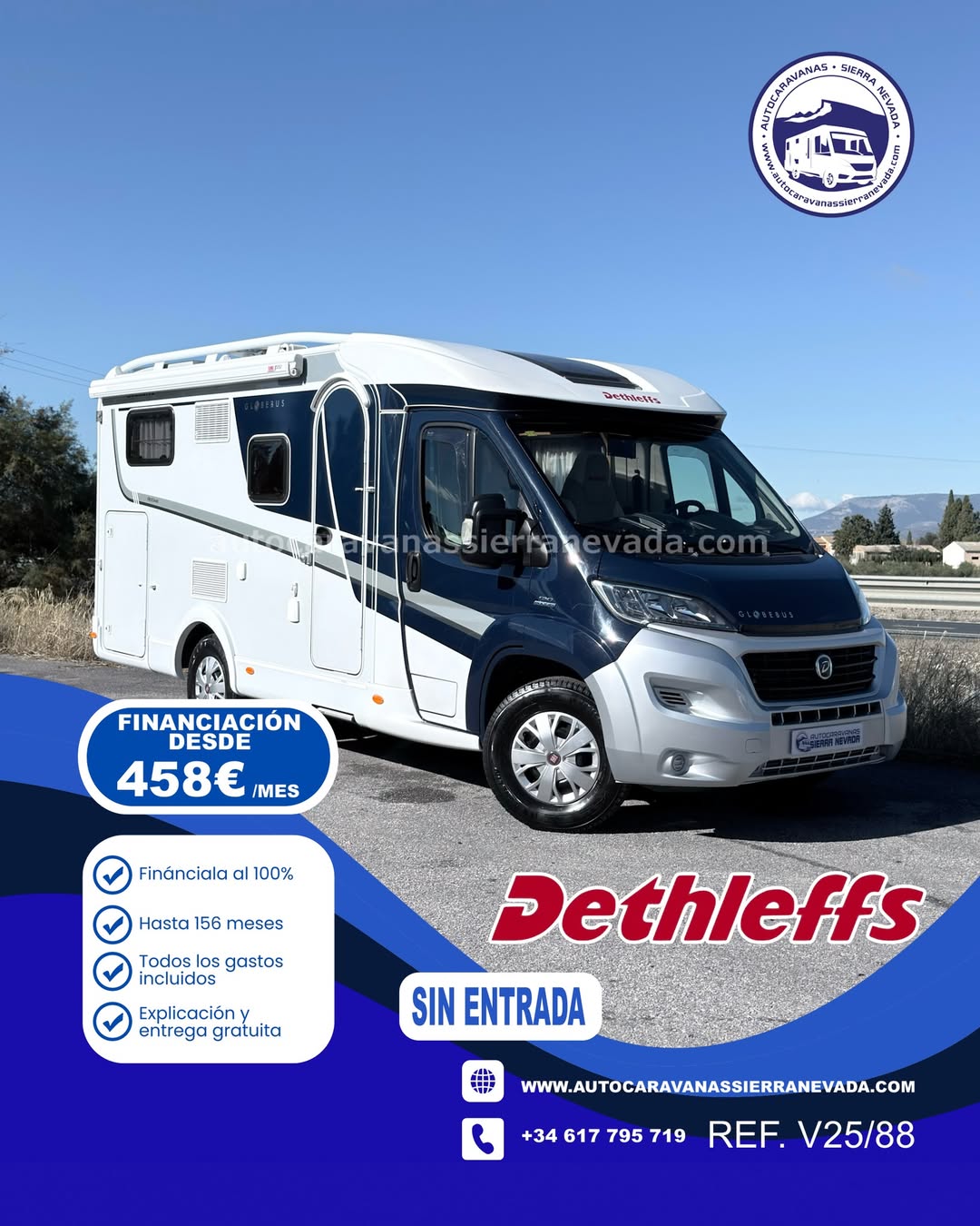 PERFILADA DETHLEFFS GLOBEBUS

Autocaravanas Sierra Nevada empresa con más de 20 años de experiencia en el sector de venta de ocasión os ofrece esta magnífica casa rodante.🗣️👉 Para más información o precio 💵 consulté en nuestra página web

www.autocaravanassierranevada.com

➡️🌐💻 o haga click👉🖱️ en nuestro enlace ⬇️👇

https://autocaravanassierranevada.com/listings/dethleffs-globebus-active-t15/

¿Quieres pagar a plazos?
Llama y te informamos sin compromiso

📞617795719
📞621251555

EQUIPAMIENTO Y EXTRAS 👇

MOTOR: Fiat Ducato 2.3 Multijet 130cv
AÑO: 2015
KM: 87.000KM
Medidas exteriores: 6,30m x 2,90m
Plazas viajar: 4
Plazas para dormir: 3

Extras y Equipamiento:
* Medida maletero con doble portón: (1,95m x 0,90m x 1,20m)
* Camas (Transversal)
* Suspensión Neumática

- Aire acondicionado de motor
- AirBag(conductor y copiloto)
- Velocidad de Crucero
- Cierre centralizado(en cabina)
- Espejos eléctricos
- Elevalunas eléctricos
- Radio (Navegador-2DIN-USB)
- Camara de Visión trasera
- Asientos giratorios
- Oscurecedores REMIS en cabina
- Mosquiteras en ventanas, claraboyas y puerta principal
- Claraboyas Transparentes y Claraboya panorámica xxl en cabina
- Frigo DOMETIC (220v, Gas, 12v, Auto) 160L capacidad
- Ducha con mampara dentro de aseo
- Baterías de 100ah.
- 2 Placa solar de 100w.
- Calefacción Trumatic Combi
- Tv 12v.(DVD-HDMI-USB)
- Escalón eléctrico de aluminio
- Toldo FIAMMA de 3m.
- Baca de aluminio
- Cierres de Seguridad 3
- Neumáticos reforzados especial camper

#autocaravanasgranada
#autocaravanaocasion
#autocaravanasdeocasion
#ventaautocaravana
#compraautocaravana
#autocaravanabarata
#caravaningandalucia
#autocaravanasur
#granadaturismo
#granadaocasion
#andaluciavanlife
#vanlife
#camperlife
#motorhome
#campervan
#viajarenautocaravana
#caravaninglife
#aventuraenruta
#viajeslibres
#escapadarural
#naturalezaylibertad
#viajarporelmundo
#rutavanlife
#descubreespaña