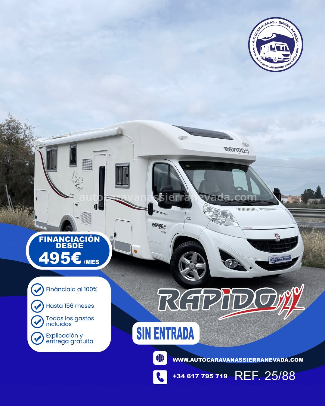 PERFILADA RAPIDO 791FF

Autocaravanas Sierra Nevada empresa con más de 20 años de experiencia en el sector de venta de ocasión os ofrece esta magnífica casa rodante.🗣️👉 Para más información o precio 💵 consulté en nuestra página web

www.autocaravanassierranevada.com

➡️🌐💻 o haga click👉🖱️ en nuestro enlace ⬇️👇

https://autocaravanassierranevada.com/listings/rapido-791ff-3/

¿Quieres pagar a plazos?
Llama y te informamos sin compromiso

📞617 79 57 19
📞687 85 35 11

EQUIPAMIENTO Y EXTRAS 👇

MOTOR: FIAT DUCATO 2.3 MULTIJET 150cv
CAMBIO: Automático
AÑO: 2013
KM: 63.000KM
Medidas exteriores: 7,80m x 3,00m
Plazas viajar: 5
Plazas para dormir: 4

Extras y Equipamiento:
* Medida maletero con doble portón: (2,20m x 1,10m x 1,00m)
* Camas (Isla /Colgante en salón)
* Chasis ALKO

- Aire acondicionado de motor
- AirBag(conductor y copiloto)
- Velocidad de Crucero
- Cierre centralizado
- Espejos eléctricos
- Elevalunas eléctricos
- Radio (2DIN-CD-USB-SD-BT-AUX)
- Camara de Visión trasera
- Asientos giratorios
- Oscurecedores REMIS en cabina
- Mosquiteras en ventanas, claraboyas y puerta principal
- Claraboya XXL en cocina y cabina
- Frigo DOMETIC (220v, Gas, 12v, Auto) 160L capacidad
- Horno a gas
- Extractor de humos
- Ducha con mampara separada de aseo
- Baterías de 100ah.
- Placa solar de 100w.
- Calefacción Truma Combi y Truma combi E
- TV 12v(TDT-HDMI-USB)
- Escalón doble peldaño integrado
- ToldoTRISTOR de 4m.
- Baca de aluminio
- Patas estabilizadoras traseras
- Portabicis para 2
- Ducha exterior
- Neumáticos reforzados especial camper

#autocaravanasgranada
#autocaravanaocasion
#autocaravanasdeocasion
#ventaautocaravana
#compraautocaravana
#autocaravanabarata
#caravaningandalucia
#autocaravanasur
#granadaturismo
#granadaocasion
#andaluciavanlife
#vanlife
#camperlife
#motorhome
#campervan
#viajarenautocaravana
#caravaninglife
#aventuraenruta
#viajeslibres
#escapadarural
#naturalezaylibertad
#viajarporelmundo
#rutavanlife
#descubreespaña
