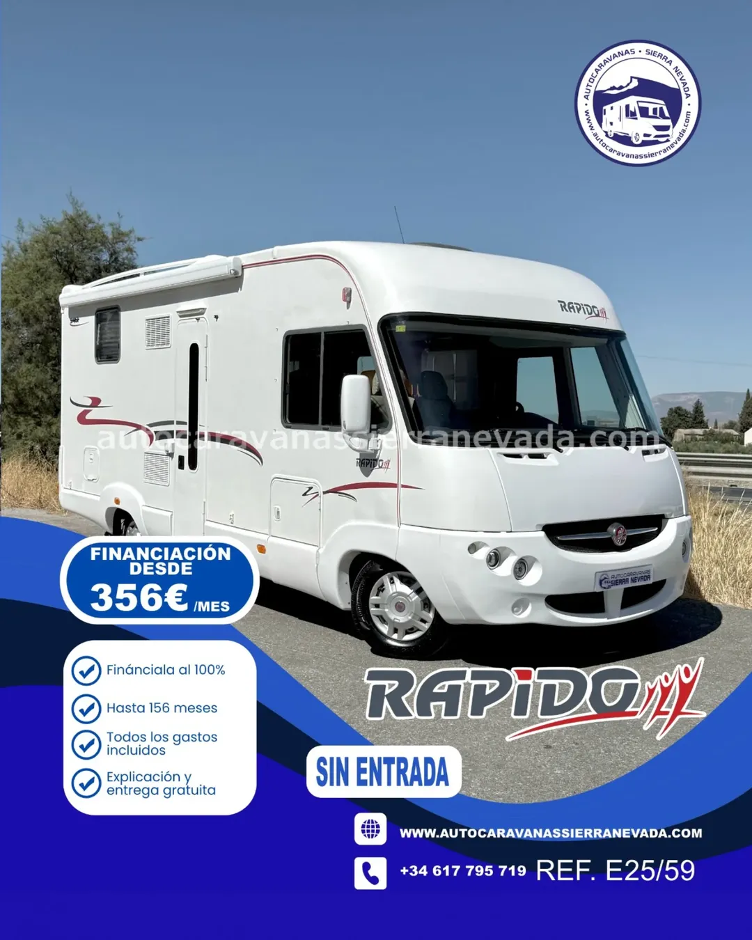 𝐀𝐔𝐓𝐎𝐂𝐀𝐑𝐀𝐕𝐀𝐍𝐀 𝐈𝐍𝐓𝐄𝐆𝐑𝐀𝐋 𝐑𝐀𝐏𝐈𝐃𝐎 𝟗𝟒𝟔𝐅

Autocaravanas Sierra Nevada empresa con más de 20 años de experiencia en el sector de venta de ocasión os ofrece esta magnífica casa rodante.🗣️👉 Para más información o precio 💵 consulté en nuestra página web.

www.autocaravanassierranevada.com

➡️🌐💻 o haga click👉🖱️ en nuestro enlace ⬇️👇

¿Quieres pagar a plazos?
Llama y te informamos sin compromiso

📞617 79 57 19
📞687 85 35 11

INTEGRAL RAPIDO 946F

MOTOR: Fiat Ducato 2.3 MultiJet 130cv
AÑO: 2009
KM: 168.000
Medidas exteriores: 6,20 m x 3,00
Plazas viajar: 4
Plazas dormir: 4
*Medida garaje: (2,00m x 0,85m x 0,90m)
*Camas (Francesa/Colgante en cabina)

EQUIPAMIENTO Y EXTRAS 👇

-Aire acondicionado (de motor)
-AirBag(sólo conductor)
-Cierre centralizado
-Elevalunas eléctricos(conductor)
-Radio (2DIN-CD-USB-MP3-BT)
-Cámara de visión trasera(en radio)
-Asientos giratorios
-OscurecedoresREMIS en cabina completa
-Mosquiteras en ventanas, claraboyas
-Claraboyas transparentes y Claraboya xxl en salón
-Frigo DOMETIC(220v, Gas, 12v, Auto) 150L capacidad
-Extractor de humos
-Ducha con mampara dentro de aseo
-Inverter de 1000w
-BateríaLITIO de 120ah.
-Placa solar de 100w.
-Calefacción Trumatic c
-Tv 12v. (TDT-HDMI-USB-DVD)
-Escalón de doble peldaño integrado
-Toldo FIAMMAde 3m.
-Baca de aluminio
-Patas estabilizadoras
-1 Cierre de Seguridad
-Maleteros laterales extraíbles
-Neumáticos reforzados especial camper

#autocaravanasgranada
#autocaravanaocasion
#autocaravanasdeocasion