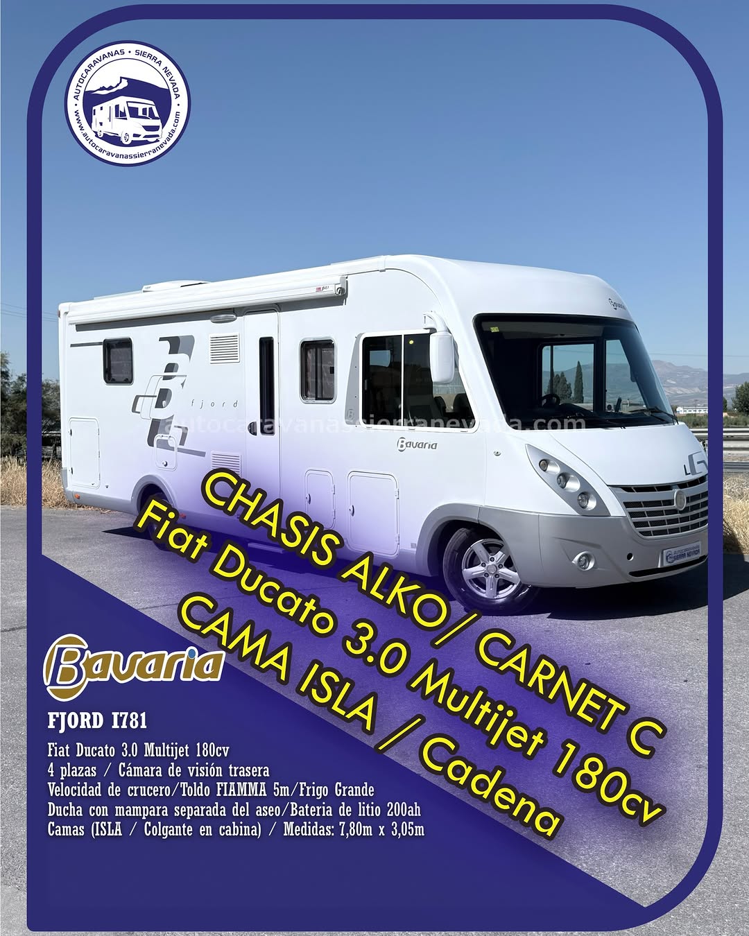 Integral BAVARIA FJORD I781 Autocaravanas Sierra Nevada empresa con más de 20 años de experiencia en el sector de venta de ocasión os ofrece esta magnífica casa rodante.🗣️👉 Para más información o precio 💵 consulté en nuestra página web www.autocaravanassierranevada.com ➡️🌐💻 o haga click👉🖱️ en nuestro enlace ⬇️👇 https://autocaravanassierranevada.com/listings/bavaria-fjord-i781/ ¿Quieres pagar a plazos? Llama y te informamos sin compromiso 📞617795719 📞621251555 Extras 👇 MOTOR: Fiat Ducato 3.0 MultiJet 180cv AÑO: 2014 KM: 97.000 Medidas: 7,80m x 3,05m Plazas viajar: 4 Plazas dormir: 4 * Medida Garaje con doble portón : (2,25m x 1,00m x 0,95m) * Camas (Isla/ Colgante) * Chasis ALKO + Barras de torsión * Cadena de distribución Extras: Aire acondicionado (de motor) Velocidad de Crucero Cierre centralizado Espejos eléctricos Elevalunas eléctricos (sólo conductor) Radio (CD-BLUETOOTH) Cámara de visión trasera Asientos giratorios Oscurecedores REMIS en cabina completa Mosquiteras en ventanas, claraboyas y puerta principal Claraboyas transparentes y Claraboya xxl en salón Aire Acondicionado 220V Frigo DOMETIC (220v, Gas, 12v, Auto) 160L capacidad Horno Extractor de humos Ducha con mampara separada de aseo Batería LITIO de 200ah. 2 Placa solar de 100w. Calefacción ALDE 2 Tv 12v. Escalón eléctrico de aluminio Toldo FIAMMA F45 de 5m. Ducha exterior Maletero lateral Neumaticos reforzados marca CONTINENTAL especial camper #autocaravanastyle #viajarconniños #viajarenautocaravanaconniños #roadtrip #autocaravanaadventure #ventadeautocaravanas #autocaravanassierranevada #autocaravantravel #autocaravanaenlaplaya #kitcamping #differentholidays #camaisla #motorhome #caravanas1000 #camper