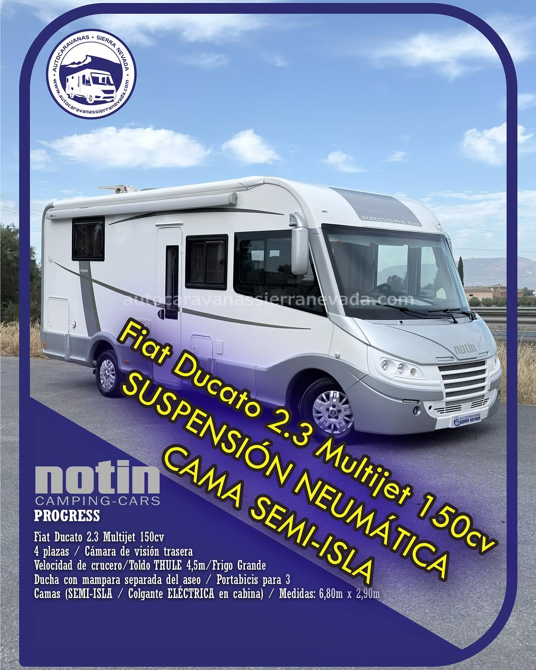 Integral NOTIN PROGRESS Autocaravanas Sierra Nevada empresa con más de 20 años de experiencia en el sector de venta de ocasión os ofrece esta magnífica casa rodante.🗣️👉 Para más información o precio 💵 consulté en nuestra página web www.autocaravanassierranevada.com ➡️🌐💻 o haga click👉🖱️ en nuestro enlace ⬇️👇 https://autocaravanassierranevada.com/listings/notin-progress/ ¿Quieres pagar a plazos? Llama y te informamos sin compromiso 📞617795719 📞621251555 Extras 👇 MOTOR: Fiat Ducato 2.3 MultiJet 150cv AÑO: 2016 KM: 49.000 Medidas: 6,80m x 2,90m Plazas viajar: 4 Plazas dormir: 4 * Medida Garaje: (1,40m x 0,95m x 0,75m) * Camas (Semi-Isla / Colgante eléctrica en cabina) * Suspensión Neumática Extras: Aire acondicionado(de motor) AirBag (conductor y copiloto) Velocidad de Crucero Cierre centralizado Espejos eléctricos Elevalunas eléctricos (sólo conductor) Radio (2DIN-CD-USB-BT) Cámara de visión trasera(en radio) Asientos giratorios Oscurecedores REMIS en cabina y Persiana eléctrica en luna Mosquiteras en ventanas, claraboyas y puerta principal Claraboyas transparentes y Claraboya xxl en salón Frigo DOMETIC (220v, Gas, 12v, Auto) 160L capacidad Horno Extractor de humos Ducha con mampara separada de aseo Batería de 100ah. Placa solar de 100w. Calefacción Truma inet ready Tv 12v. (HDMI-USB) Escalón de doble peldaño integrado Toldo THULE de 4,5m. Portabicis para 3 Ducha exterior Neumáticos reforzados marca CONTINENTAL especial camper #autocaravanastyle #viajarconniños #viajarenautocaravanaconniños #roadtrip #autocaravanaadventure #ventadeautocaravanas #autocaravanassierranevada #autocaravantravel #autocaravanaenlaplaya #kitcamping #differentholidays #camaisla #motorhome #caravanas1000 #camper