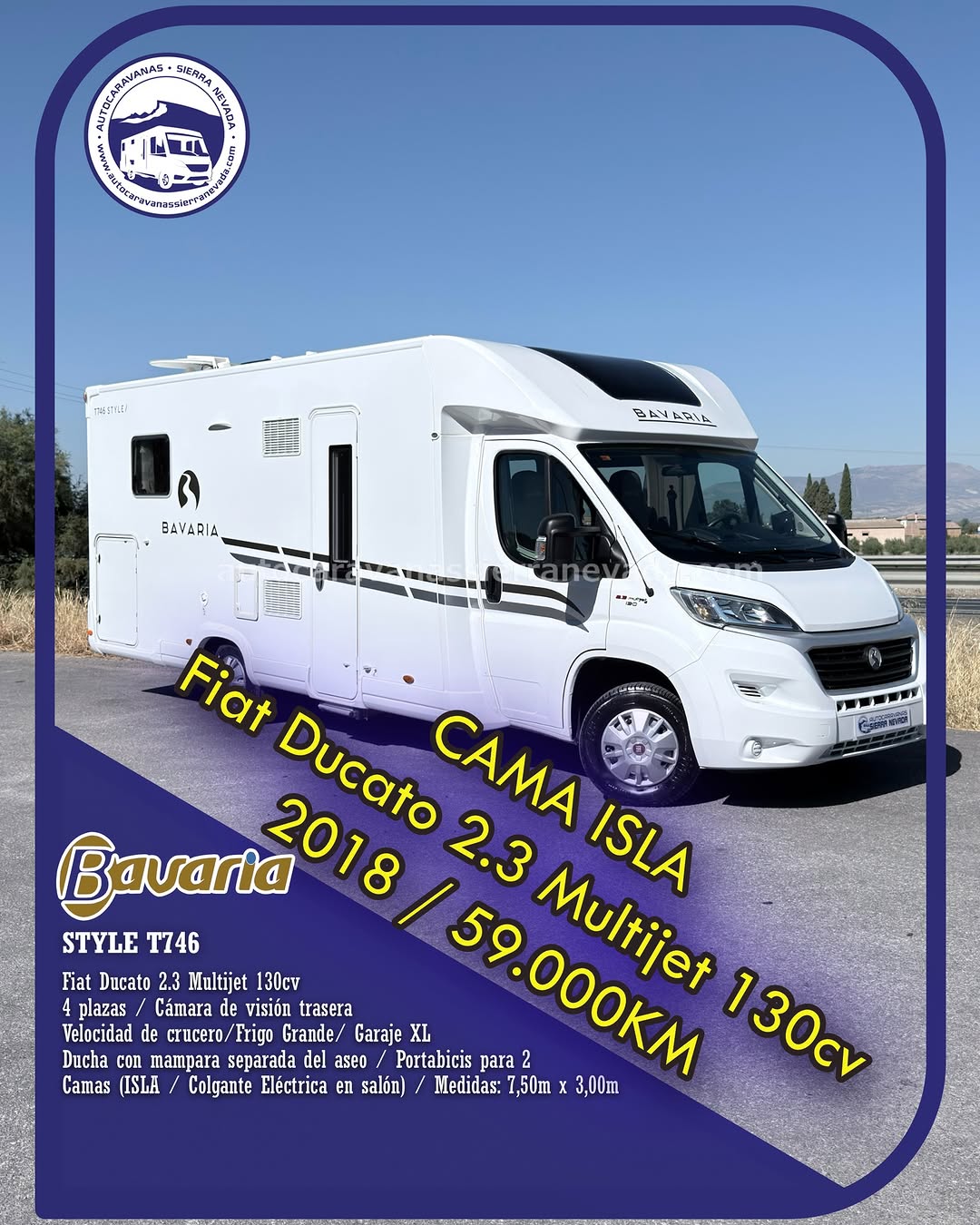 Perfilada BAVARIA STYLE T746 Autocaravanas Sierra Nevada empresa con más de 20 años de experiencia en el sector de venta de ocasión os ofrece esta magnífica casa rodante.🗣️👉 Para más información o precio 💵 consulté en nuestra página web www.autocaravanassierranevada.com ➡️🌐💻 o haga click👉🖱️ en nuestro enlace ⬇️👇 https://autocaravanassierranevada.com/listings/bavaria-style-t746/ ¿Quieres pagar a plazos? Llama y te informamos sin compromiso 📞617795719 📞621251555 Extras 👇 MOTOR: Fiat Ducato 2.3 MultiJet 130cv AÑO: 2018 KM: 59.000 Medidas: 7,50m x 3,00m Plazas viajar: 4 Plazas dormir: 4 * Medida Garaje con doble portón : (2,25m x 1,00m x 1,05m) * Camas (Isla/ Colgante eléctrica en salón) Extras: Aire acondicionado (de motor) AirBag (conductor y copiloto) A.S.R (Sistema antiderrapaje) Velocidad de Crucero Cierre centralizado Espejos eléctricos Elevalunas eléctricos Radio (USB-AUX) Cámara de visión trasera Asientos giratorios Oscurecedores REMIS en cabina completa Mosquiteras en ventanas, claraboyas y puerta principal Claraboyas transparentes y Claraboya panorámica xxl en cabina Frigo DOMETIC (220v, Gas, 12v, Auto) 160L capacidad Ducha con mampara separada de aseo Batería de 100ah. Placa solar de 100w. Calefacción truma inet ready Tv 12v. (TDT-HDMI-USB) Escalón eléctrico de aluminio Portabicis para 2 Neumáticos reforzados especial camper #autocaravanastyle #viajarconniños #viajarenautocaravanaconniños #roadtrip #autocaravanaadventure #ventadeautocaravanas #autocaravanassierranevada #autocaravantravel #autocaravanaenlaplaya #kitcamping #differentholidays #camaisla #motorhome #caravanas1000 #camper