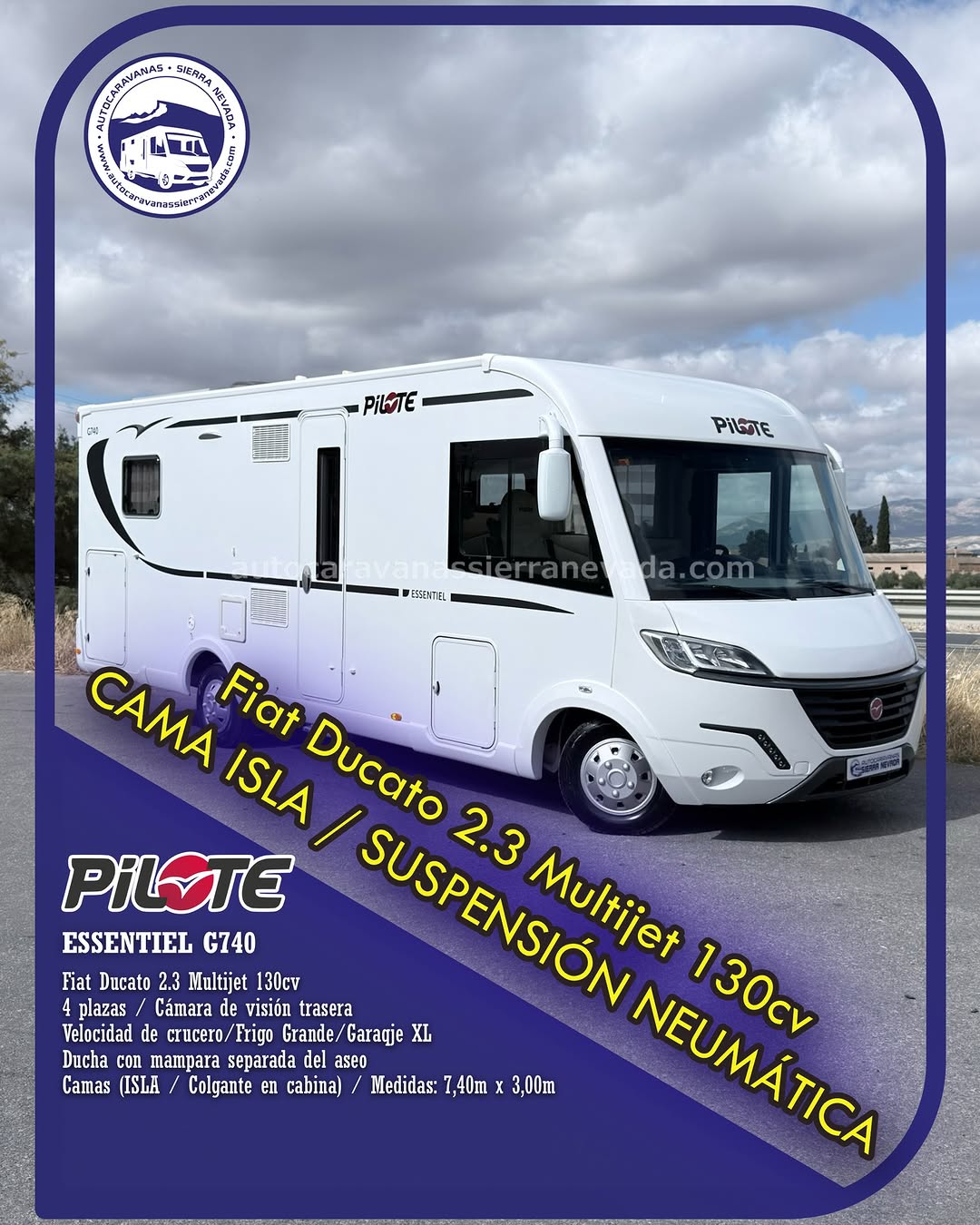 Integral PILOTE ESSENTIEL G740 Autocaravanas Sierra Nevada empresa con más de 20 años de experiencia en el sector de venta de ocasión os ofrece esta magnífica casa rodante.🗣️👉 Para más información o precio 💵 consulté en nuestra página web www.autocaravanassierranevada.com ➡️🌐💻 o haga click👉🖱️ en nuestro enlace ⬇️👇 https://autocaravanassierranevada.com/listings/pilote-essentiel-g740-3/ ¿Quieres pagar a plazos? Llama y te informamos sin compromiso 📞617795719 📞621251555 Extras 👇 MOTOR: Fiat Ducato 2.3 MultiJet 130cv AÑO: 2017 KM: 51.000 Medidas: 7,40m x 3,00m Plazas viajar: 4 Plazas dormir: 4 * Medida Garaje con doble portón : (2,20m x 1,00m x 0,90m) * Camas (Isla / Colgante en cabina) * Suspensión Neumática Extras: Aire acondicionado(de motor) AirBag (conductor y copiloto) Velocidad de Crucero Cierre centralizado Espejos eléctricos Elevalunas eléctricos (sólo conductor) Radio (USB-BT-AUX) Cámara de visión trasera Asientos giratorios Oscurecedores REMIS en cabina completa Mosquiteras en ventanas, claraboyas y puerta principal Claraboyas transparentes y Claraboya xxl en salón Frigo DOMETIC (220v, Gas, 12v, Auto) 160L capacidad Ducha con mampara separada de aseo Batería de 100ah. 2 Placa solar de 100w. Calefacción Truma Inet Ready Tv 12v. (TDT-HDMI-USB-DVD) Escalón eléctrico de aluminio Maletero lateral extraíble Neumáticos reforzados especial camper #autocaravanasgranada #autocaravanaocasion #autocaravanasdeocasion #ventaautocaravana #compraautocaravana #autocaravanabarata #caravaningandalucia #autocaravanasur #granadaturismo #granadaocasion #andaluciavanlife #vanlife #camperlife #motorhome #campervan #viajarenautocaravana #caravaninglife #aventuraenruta #viajeslibres #escapadarural #naturalezaylibertad #viajarporelmundo #rutavanlife #descubreespaña #autocaravanaspain