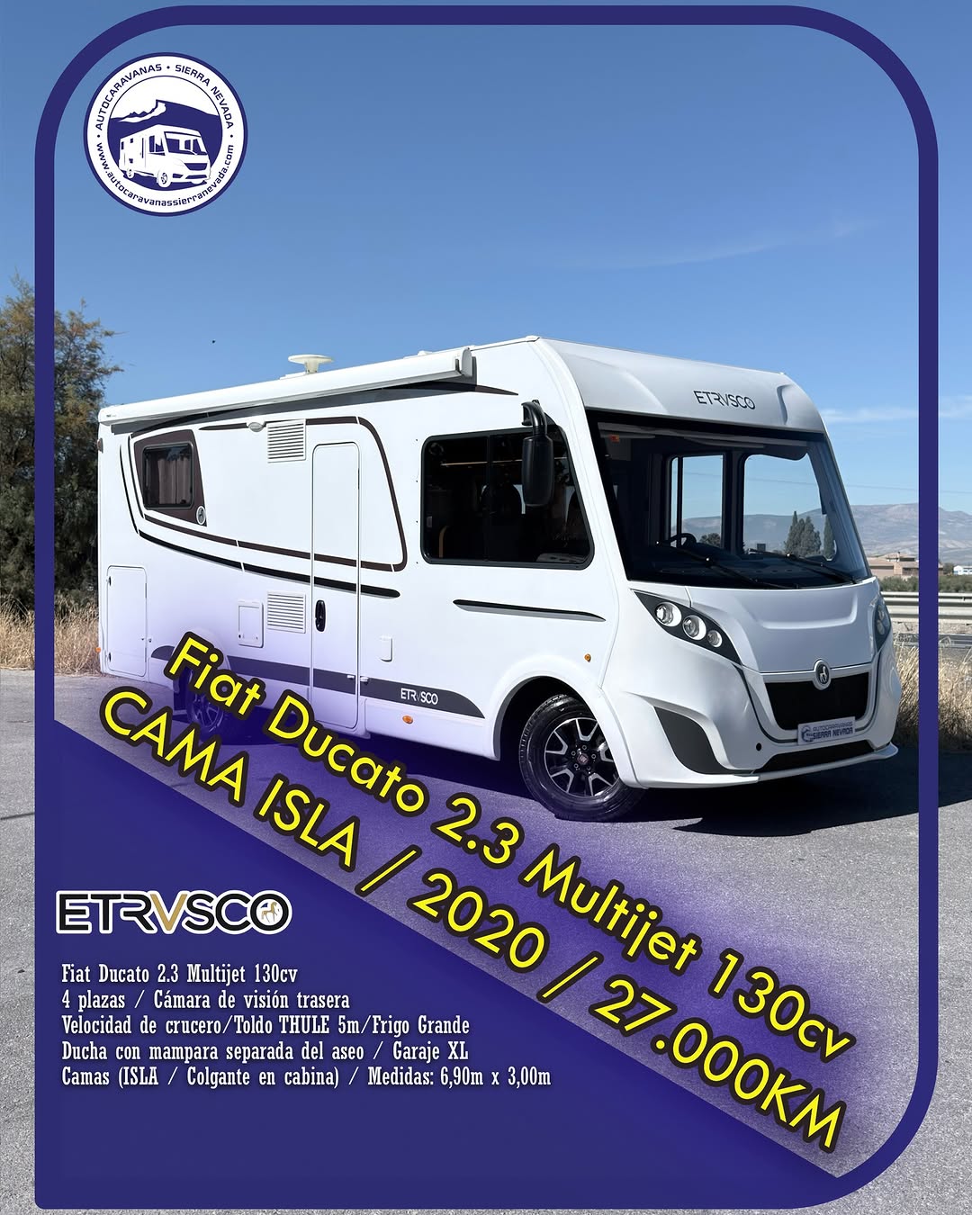 INTEGRAL ETRVSCO Autocaravanas Sierra Nevada empresa con más de 20 años de experiencia en el sector de venta de ocasión os ofrece esta magnífica casa rodante.🗣️👉 Para más información o precio 💵 consulté en nuestra página web www.autocaravanassierranevada.com ➡️🌐💻 o haga click👉🖱️ en nuestro enlace ⬇️👇 https://autocaravanassierranevada.com/listings/etrvsco-2/ ¿Quieres pagar a plazos? Llama y te informamos sin compromiso 📞617795719 📞621251555 Extras 👇 MOTOR: Fiat Ducato 2.3 MultiJet 130cv AÑO: 2020 KM: 27.000 Medidas: 6,90m x 3,00m Plazas viajar: 4 Plazas dormir: 4 * Medida Garaje con doble portón : (2,15m x 1,00m x 1,00m) * Camas (Isla / Colgante en cabina) Extras: Aire acondicionado (de motor) AirBag ( conductor y copiloto) Velocidad de Crucero Cierre centralizado Espejos eléctricos Elevalunas eléctricos (sólo conductor) Radio (2DIN-CD-USB-AUX-BT) Cámara de visión trasera Asientos giratorios Oscurecedores REMIS en cabina completa Mosquiteras en ventanas, claraboyas y puerta principal Claraboyas transparentes y Claraboya xxl en salón Frigo THETFORD (220v, Gas, 12v, Auto) 167L capacidad Ducha con mampara separada del aseo Batería de 100ah. 3 Placa solar de 100w. Calefacción Truma Combi Escalón de doble peldaño integrado Toldo THULE de 5m. Neumáticos reforzados marca CONTINENTAL especial camper #autocaravanasgranada #autocaravanaocasion #autocaravanasdeocasion #ventaautocaravana #compraautocaravana #autocaravanabarata #caravaningandalucia #autocaravanasur #granadaturismo #granadaocasion #andaluciavanlife #vanlife #camperlife #motorhome #campervan #viajarenautocaravana #caravaninglife #aventuraenruta #viajeslibres #escapadarural #naturalezaylibertad #viajarporelmundo #rutavanlife #descubreespaña #autocaravanaspain