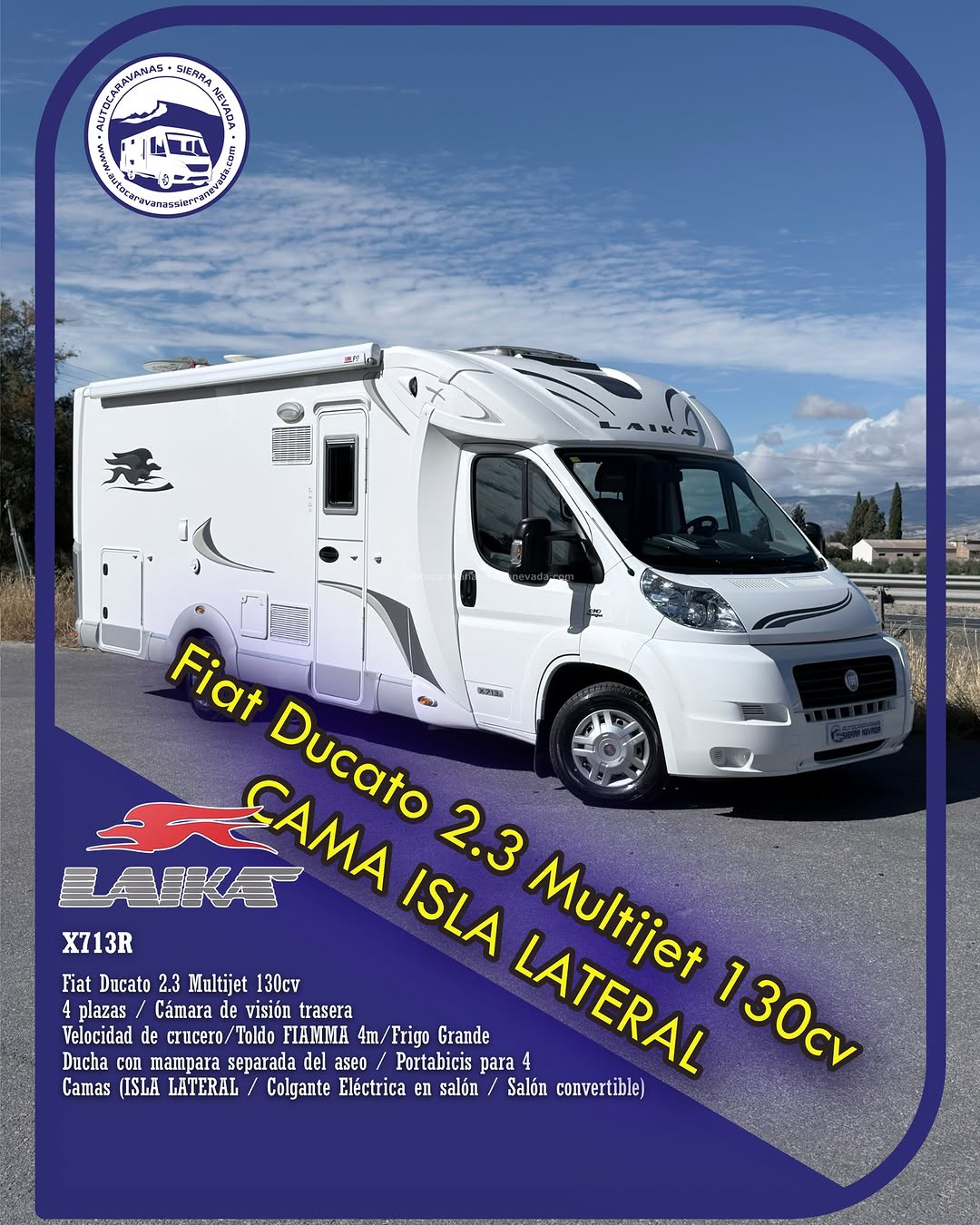 Autocaravana Perfilada LAIKA X713R

Autocaravanas Sierra Nevada empresa con más de 20 años de experiencia en el sector de venta de ocasión os ofrece esta magnífica casa rodante.🗣️👉 Para más información o precio 💵 consulté en nuestra página web

www.autocaravanassierranevada.com

➡️🌐💻 o haga click👉🖱️ en nuestro enlace ⬇️👇

https://autocaravanassierranevada.com/listings/laika-x713r/

¿Quieres pagar a plazos?
Llama y te informamos sin compromiso

📞617795719
📞621251555

Extras 👇

MOTOR: Fiat Ducato 2.3 MultiJet 130cv
AÑO: 2011
KM: 108.000
Medidas: 7,20m x 2,90m
Plazas viajar: 4
Plazas dormir: 4
* Medida Garaje: (0,70m x 1,10m x 0,95m)
* Camas (Salón Convertible para 1/ Isla lateral / Colgante eléctrica en salón para 1)

Extras:
Aire acondicionado (de motor)
AirBag (conductor y copiloto)
A.S.R (Sistema antiderrapaje)
Velocidad de Crucero
Cierre centralizado
Espejos eléctricos
Elevalunas eléctricos
Radio (CD-AUX)
Cámara de visión trasera
Sensor de Aparcamiento
Asientos giratorios
Mosquiteras en ventanas, claraboyas y puerta principal
Claraboyas xxl en salón y cama trasera
Frigo DOMETIC (220v, Gas, 12v, Auto) 142L capacidad
Horno
Extractor de humos
Ducha con mampara separada de aseo
Batería de 100ah.
Placa solar de 100w.
Calefacción Truma Combi
Tv 12v. (TDT-HDMI-USB-DVD)
Escalón de doble peldaño integrado
Toldo FIAMMA F45 de 4m.
Portabicis FIAMMA para 4
Neumáticos reforzados especial camper

#autocaravanasgranada
#autocaravanaocasion
#autocaravanasdeocasion
#ventaautocaravana
#compraautocaravana
#autocaravanabarata
#caravaningandalucia
#autocaravanasur
#granadaturismo
#granadaocasion
#andaluciavanlife
#vanlife
#camperlife
#motorhome
#campervan
#viajarenautocaravana
#caravaninglife
#aventuraenruta
#viajeslibres
#escapadarural
#naturalezaylibertad
#viajarporelmundo
#rutavanlife
#descubreespaña
#autocaravanaspain