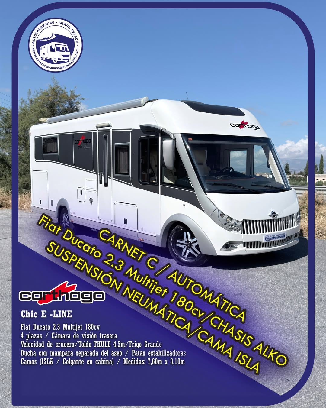 Autocaravana integral CARTHAGO Premium Chic E -LINE Autocaravanas Sierra Nevada empresa con más de 20 años de experiencia en el sector de venta de ocasión os ofrece esta magnífica casa rodante.🗣️👉 Para más información o precio 💵 consulté en nuestra página web www.autocaravanassierranevada.com ➡️🌐💻 o haga click👉🖱️ en nuestro enlace ⬇️👇 https://autocaravanassierranevada.com/listings/carthago-premium-chic-e-line/ ¿Quieres pagar a plazos? Llama y te informamos sin compromiso 📞617795719 📞621251555 Extras 👇 CARNET C-AUTOMATICA MOTOR: Motor Fiat Ducato 2.3 180cv AÑO: 2018 KM: 99.000 Medidas: 7,60m x 3,10m Plazas viajar: 4 Plazas dormir: 4 * Medida maletero doble portón: (2,20m x 1,35m x 1,10m) * Camas (Isla/ Colgante en cabina) * Chasis ALKO + Barras de torsión * SUSPENSIÓN NEUMÁTICA Extras: Aire acondicionado(de motor) AirBag(conductor y copiloto) Velocidad De Crucero Cierre centralizado Doble Acristalamiento Espejos eléctricos Elevalunas eléctricos(solo conductor) Radio (2DIN-CD-USB-AUX-BT,Navegador) Cámara de visión trasera Asientos giratorios Oscurecedores REMIS en cabina completa Mosquiteras en ventanas, claraboyas y puerta principal Claraboyas transparentes y Claraboya xxl en salón Aire Acondicionado a 220v y TurboVent Frigo THETFORD de compresor a 12v 127L itros capacidad Ducha con mampara separada de aseo(WC de cerámica) Inversor de 3.000w de onda pura senoidal Baterías LITIO de 280ah. con bluetooth 2 Placa solar de 100w. con regulador mppt Calefacción ALDE con sistema de truma multivent Tv 12v. (TDT-HDMI-USB) Escalón eléctrico de aluminio Toldo THULE de 4,5m. Ducha exterior Maleteros laterales con acceso al doble suelo Patas estabilizadoras hidráulicas autonivelantes Deposito de aguas limpias 260l y Depósito de aguas grises 260l Neumáticos reforzados especial camper #autocaravanastyle #viajarconniños #viajarenautocaravanaconniños #roadtrip #autocaravanaadventure #ventadeautocaravanas #autocaravanassierranevada #autocaravantravel #autocaravanaenlaplaya #kitcamping #differentholidays #camaisla #motorhome #caravanas1000 #camper