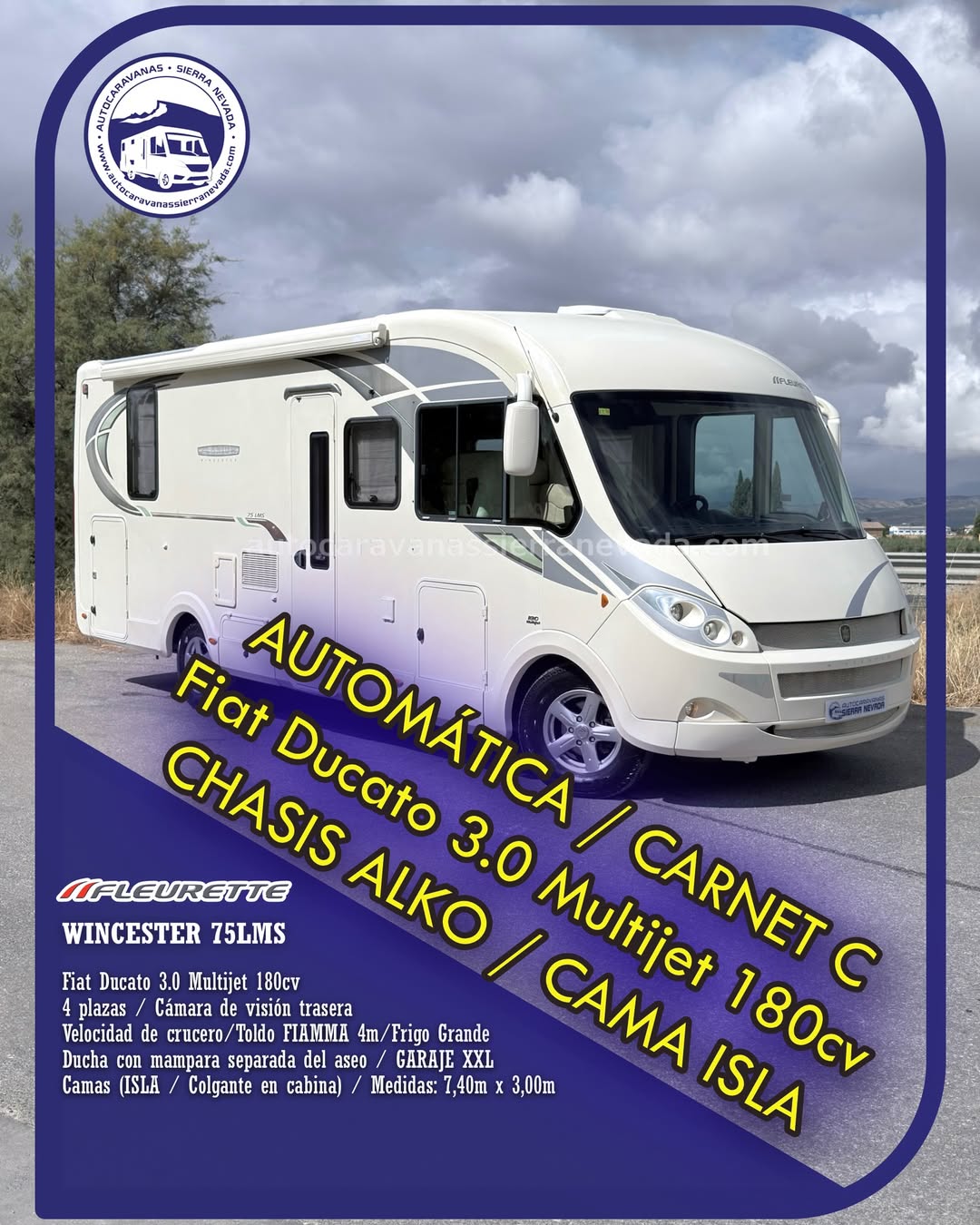 Autocaravana integral FLEURETTE FLORIUM WINCESTER 75LMS Autocaravanas Sierra Nevada empresa con más de 20 años de experiencia en el sector de venta de ocasión os ofrece esta magnífica casa rodante.🗣️👉 Para más información o precio 💵 consulté en nuestra página web www.autocaravanassierranevada.com ➡️🌐💻 o haga click👉🖱️ en nuestro enlace ⬇️👇 https://autocaravanassierranevada.com/listings/fleurette-florium-wincester-75lms/ ¿Quieres pagar a plazos? Llama y te informamos sin compromiso 📞617795719 📞621251555 Extras 👇 CARNET C MOTOR: Fiat Ducato 3.0 Multijet 180cv, AUTOMATICO AÑO: 2012 KM:66.000 Medidas: 7,40m x 3,00m Plazas viajar: 4 Plazas dormir: 4 * Medida Garaje con doble portón : (2,15m x 1,05m x 1,05m) * Camas (Isla / Colgante en cabina) * Chasis ALKO + Barras de torsión * Cadena de distribución Extras: Aire acondicionado(de motor) AirBag(conductor y copiloto) Velocidad de Crucero Cierre centralizado Espejos eléctricos Elevalunas eléctricos(sólo conductor) Radio (2DIN-CD-MP3-AUX) Cámara de visión trasera Asientos giratorios OscurecedoresREMIS en cabina completa Mosquiteras en ventanas, claraboyas y puerta principal Claraboyas transparentes y Claraboya xxl en salón Aire Acondicionado a 220v Frigo DOMETIC(220v, Gas, 12v, Auto) 160L capacidad Horno Extractor de humos Ducha con mampara separada de aseo Batería de 95ah. 2 Placa solar de 100w. Calefacción ALDE Tv 12v. (TDT-HDMI-USB-DVD-SD) Escalón de doble peldaño integrado Toldo FIAMMA F45de 4m. Escalera trasera para subir a techo Baca de aluminio Maleteros laterales con acceso al doble suelo Neumáticos reforzados especial camper #autocaravanastyle #viajarconniños #viajarenautocaravanaconniños #roadtrip #autocaravanaadventure #ventadeautocaravanas #autocaravanassierranevada #autocaravantravel #autocaravanaenlaplaya #kitcamping #differentholidays #camaisla #motorhome #caravanas1000 #camper