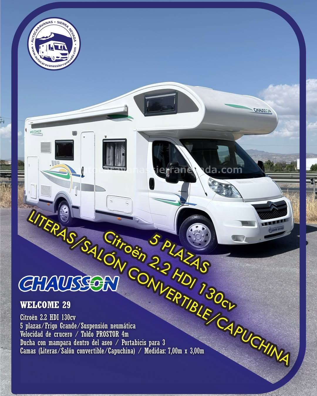 CAPUCHINA CHAUSSON WELCOME 29 Autocaravanas Sierra Nevada empresa con más de 20 años de experiencia en el sector de venta de ocasión os ofrece esta magnífica casa rodante.🗣️👉 Para más información o precio 💵 consulté en nuestra página web www.autocaravanassierranevada.com ➡️🌐💻 o haga click👉🖱️ en nuestro enlace ⬇️👇 https://autocaravanassierranevada.com/listings/chaussonwelcome-29/ ¿Quieres pagar a plazos? Llama y te informamos sin compromiso 📞617795719 📞621251555 Extras 👇 MOTOR: Citroën 2.2 HDI 130cv AÑO: 2008 KM: 113.000 Medidas: 7,00m x 3,00m Plazas viajar: 5 Plazas dormir: 5 * Medida Garaje con doble portón : (2,20m x 0,75m x 0,55m) * Camas (Literas/ Salón Convertible/Capuchina) * Suspensión Neumática Extras: Aire acondicionado(de motor) AirBag (conductor y copiloto) Velocidad de Crucero Cierre centralizado(en cabina) Espejos eléctricos Elevalunas eléctricos Radio (USB-BT-AUX-SD) Asientos giratorios Oscurecedores REMIS en cabina completa Mosquiteras en ventanas, claraboyas y puerta principal Claraboya XXL en salón TurboVent Frigo THETFORD (220v, Gas, 12v) 175L capacidad Ducha con mampara dentro de aseo 2 Batería de 95ah. 2 Placa solar de 100w. Calefacción Trumatic c Tv 12v. (TDT-HDMI-USB-DVD-SD) Escalón de doble peldaño integrado Toldo PROSTOR de 4m. Portabicis para 3 Neumáticos reforzados especial camper #autocaravanastyle #viajarconniños #viajarenautocaravanaconniños #roadtrip #autocaravanaadventure #ventadeautocaravanas #autocaravanassierranevada #autocaravantravel #autocaravanaenlaplaya #kitcamping #differentholidays #camaisla #motorhome #caravanas1000 #camper