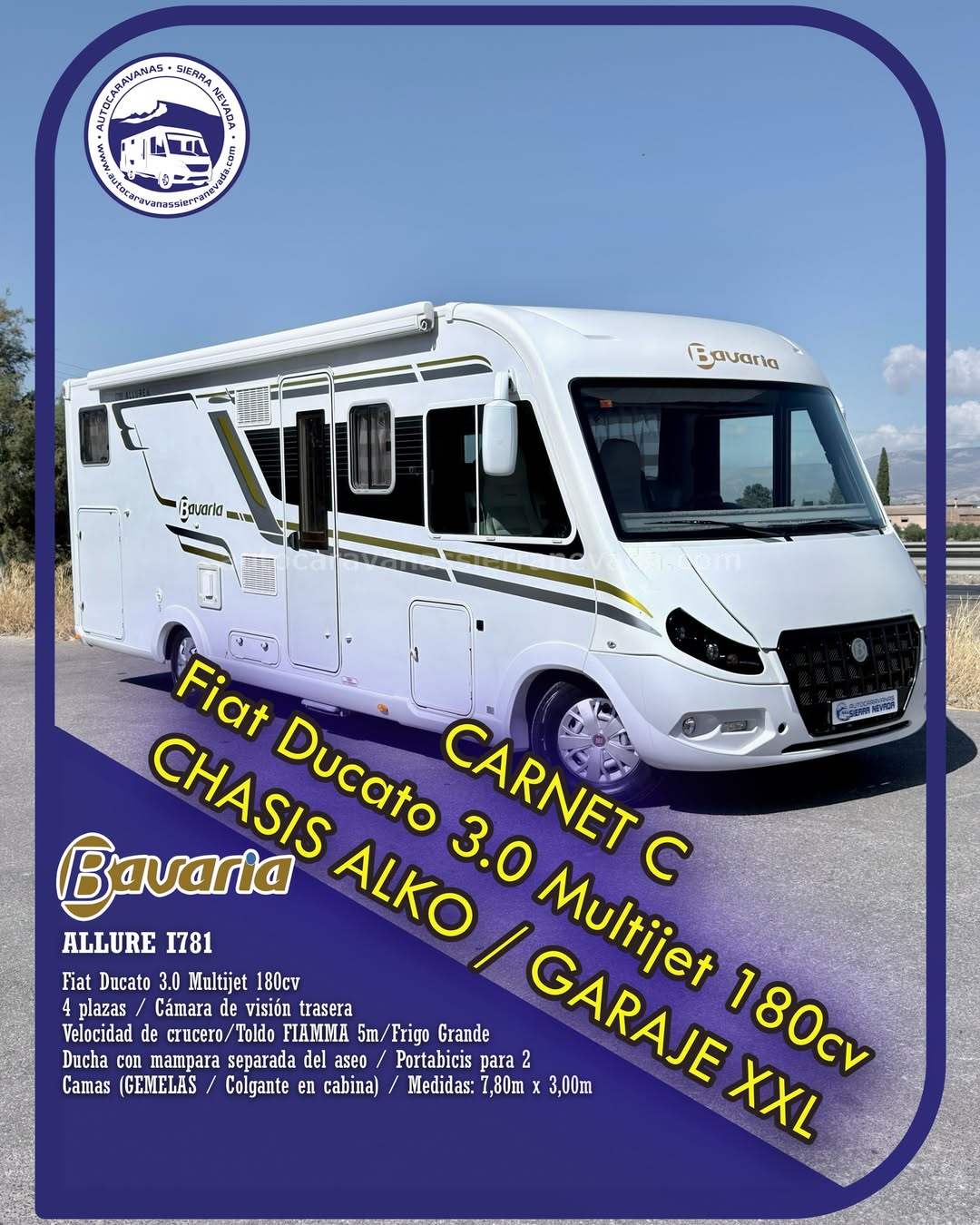 Integral BAVARIA ALLURE I78

Autocaravanas Sierra Nevada empresa con más de 20 años de experiencia en el sector de venta de ocasión os ofrece esta magnífica casa rodante.🗣️👉 Para más información o precio 💵 consulté en nuestra página web

www.autocaravanassierranevada.com

➡️🌐💻 o haga click👉🖱️ en nuestro enlace ⬇️👇

https://autocaravanassierranevada.com/listings/bavaria-allure-i781/

¿Quieres pagar a plazos?
Llama y te informamos sin compromiso

📞617795719
📞621251555

Extras 👇
CARNET C
MOTOR: Fiat Ducato 3.0 MultiJet 180cv
AÑO: 2016
KM: 82.000
Medidas: 7,80m x 3,00m
Plazas viajar: 4
Plazas dormir: 4
* Medida Garaje con doble portón : (2,25m x 1,40m x 1,20m)
* Camas (Gemelas / Colgante)
* Chasis ALKO + Barras de torsión
* Cadena de distribución
Extras:
Aire acondicionado (de motor)
AirBag (conductor y copiloto)
Velocidad de Crucero
Cierre centralizado
Espejos eléctricos(no se mueve a los lados)
Elevalunas eléctricos (sólo conductor)
Radio (2DIN -CD-USB-BT-Navegador)
Cámara de visión trasera
Asientos giratorios
Oscurecedores REMIS en cabina completa
Mosquiteras en ventanas, claraboyas y puerta principal
Claraboyas transparentes y Claraboya xxl en salón
Frigo DOMETIC (220v, Gas, 12v, Auto) 160L capacidad
Extractor de humos
Ducha con mampara separada de aseo
WC con SOG
Batería de 95ah.
2 Placa solar de 100w.
Calefacción ALDE
Tv 12v. (TDT-HDMI-USB-DVD)
Escalón eléctrico de aluminio
Toldo FIAMMA F45 de 5m.
Portabicis para 2
Ducha exterior
Maleteros laterales con acceso al doble suelo
Grandes huecos de almacenaje bajo camas gemelas
Neumaticos reforzados marca MICHELIN especial camper

#autocaravanastyle #viajarconniños #viajarenautocaravanaconniños #roadtrip #autocaravanaadventure #ventadeautocaravanas #autocaravanassierranevada #autocaravantravel #autocaravanaenlaplaya #kitcamping #differentholidays #camaisla #motorhome #caravanas1000 #camper
