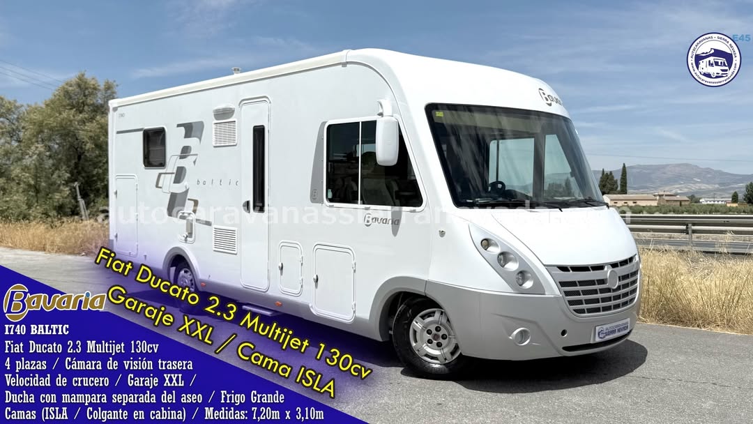 Integral BAVARIA I 740 BALTIC Autocaravanas Sierra Nevada empresa con más de 20 años de experiencia en el sector de venta de ocasión os ofrece esta magnífica casa rodante.🗣️👉 Para más información o precio 💵 consulté en nuestra página web www.autocaravanassierranevada.com ➡️🌐💻 o haga click👉🖱️ en nuestro enlace ⬇️👇 https://autocaravanassierranevada.com/listings/bavaria-i740-baltic/ ¿Quieres pagar a plazos? Llama y te informamos sin compromiso 📞617795719 📞621251555 Extras 👇 MOTOR: Fiat Ducato 2.3 MultiJet 130cv AÑO: 2012 KM: 56000 Medidas: 7,20m x 3,10m Plazas viajar: 4 Plazas dormir: 4 * Medida Garaje con doble portón: (2,20m x 1,00m x 1,10m) * Camas (Isla / Colgante en cabina) Extras: Aire acondicionado (de motor) Velocidad de crucero Cierre centralizado 2 puertas Espejos eléctricos Elevalunas eléctricos (sólo conductor) Radio (2DIN-CD-USB-BT-Camara trasera) Cámara de visión trasera Asientos giratorios Oscurecedores REMIS en cabina completa Parasoles enrollables manual Mosquiteras en ventanas, claraboyas Claraboyas transparentes y Claraboya XXL en salón Aire acondicionado 220v. Frigo DOMETIC (220v, Gas, 12v, Auto) 160L capacidad Horno Extractor de humos Ducha con mampara separada de aseo WC con SOG Batería de 95ah. Placa solar de 100w. Calefacción Truma Combi Tv 12v. (TDT - HDMI - USB - DVD) Escalón eléctrico de aluminio Portabicis THULE para 2 Maleteros laterales extraíbles Neumaticos reforzados marca BRIDGESTONE especial camper #autocaravanastyle #viajarconniños #viajarenautocaravanaconniños #roadtrip #autocaravanaadventure #ventadeautocaravanas #autocaravanassierranevada #autocaravantravel #autocaravanaenlaplaya #kitcamping #differentholidays #camaisla #motorhome #caravanas1000 #camper #motorhome #rv #campingwithdogs #campingcar