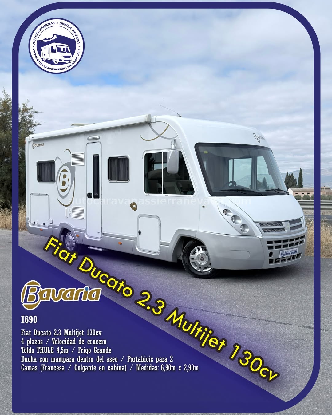 Integral BAVARIA I690 Autocaravanas Sierra Nevada empresa con más de 20 años de experiencia en el sector de venta de ocasión os ofrece esta magnífica casa rodante.🗣️👉 Para más información o precio 💵 consulté en nuestra página web www.autocaravanassierranevada.com ➡️🌐💻 o haga click👉🖱️ en nuestro enlace ⬇️👇 https://autocaravanassierranevada.com/listings/bavariai690/ ¿Quieres pagar a plazos? Llama y te informamos sin compromiso 📞617795719 📞621251555 Extras 👇 MOTOR:Fiat Ducato 2.3 MultiJet 130cv AÑO: 2010 KM:72.000 Medidas: 6,90m x 2,90m Plazas viajar: 4 Plazas dormir: 4 * Medida Garaje: (1,30m x 2,00m x 0,80m) * Camas (Francesa/ Colgante en cabina) Extras: Aire acondicionado (de motor) Velocidad de Crucero Cierre centralizado Espejos eléctricos Elevalunas eléctricos(sólo conductor) Radio (2DIN-CD-AUX) Asientos giratorios OscurecedoresREMIS en cabina completa Mosquiteras en ventanas, claraboyas y puerta principal Claraboyas transparentes y Claraboya xxl en salón Frigo THETFORD (220v, Gas, 12v, Auto) 150L capacidad Horno Extractor de humos Ducha con mampara interior de aseo Batería de 100ah. 2 Placa solar de 100w. Calefacción Truma Combi 2 Tv 12v. (TDT-HDMI-USB-DVD) Escalón eléctrico de aluminio Toldo THULEde 4,5m. Portabicis para 2 Ducha exterior Maletero lateral extraíble Neumáticos reforzados especial camper #autocaravanastyle #viajarconniños #viajarenautocaravanaconniños #roadtrip #autocaravanaadventure #ventadeautocaravanas #autocaravanassierranevada #autocaravantravel #autocaravanaenlaplaya #kitcamping #differentholidays #camaisla #motorhome #caravanas1000 #camper
