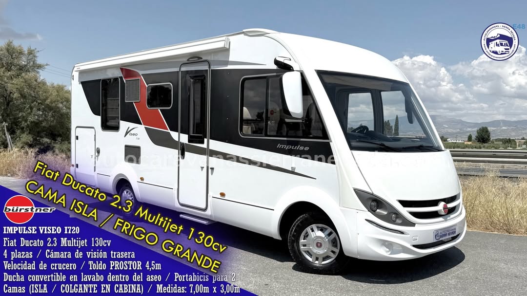 Integral BURSTNER IMPULSE VISEO i720 Autocaravanas Sierra Nevada empresa con más de 20 años de experiencia en el sector de venta de ocasión os ofrece esta magnífica casa rodante.🗣️👉 Para más información o precio 💵 consulté en nuestra página web www.autocaravanassierranevada.com ➡️🌐💻 o haga click👉🖱️ en nuestro enlace ⬇️👇 https://autocaravanassierranevada.com/listings/burstner-impulse-viseo-i720/ ¿Quieres pagar a plazos? Llama y te informamos sin compromiso 📞617795719 📞621251555 Extras 👇 MOTOR: Fiat Ducato 2.3 MultiJet 130cv AÑO: 2012 KM: 56000 Medidas: 7,20m x 3,10m Plazas viajar: 4 Plazas dormir: 4 * Medida Garaje con doble portón: (2,20m x 1,00m x 1,10m) * Camas (Isla / Colgante en cabina) Extras: Aire acondicionado (de motor) Velocidad de crucero Cierre centralizado 2 puertas Espejos eléctricos Elevalunas eléctricos (sólo conductor) Radio (2DIN-CD-USB-BT-Camara trasera) Cámara de visión trasera Asientos giratorios Oscurecedores REMIS en cabina completa Parasoles enrollables manual Mosquiteras en ventanas, claraboyas Claraboyas transparentes y Claraboya XXL en salón Aire acondicionado 220v. Frigo DOMETIC (220v, Gas, 12v, Auto) 160L capacidad Horno Extractor de humos Ducha con mampara separada de aseo WC con SOG Batería de 95ah. Placa solar de 100w. Calefacción Truma Combi Tv 12v. (TDT - HDMI - USB - DVD) Escalón eléctrico de aluminio Portabicis THULE para 2 Maleteros laterales extraíbles Neumaticos reforzados marca BRIDGESTONE especial camper #autocaravanastyle #viajarconniños #viajarenautocaravanaconniños #roadtrip #autocaravanaadventure #ventadeautocaravanas #autocaravanassierranevada #autocaravantravel #autocaravanaenlaplaya #kitcamping #differentholidays #camaisla #motorhome #caravanas1000 #camper #motorhome #rv #campingwithdogs #campingcar