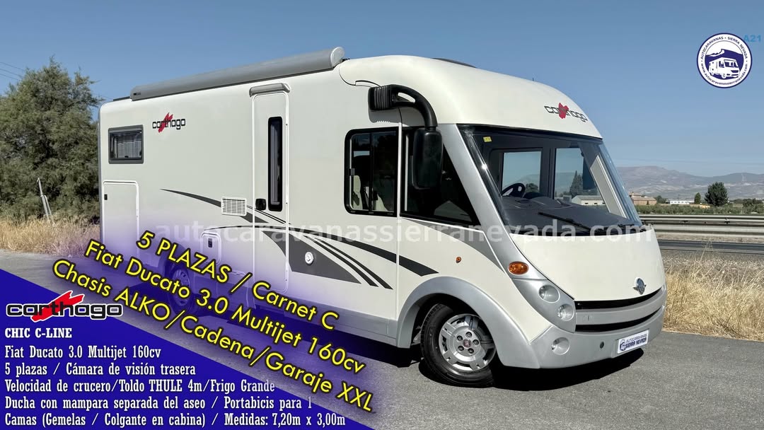 Integral CARTHAGO Chic C-Line

Autocaravanas Sierra Nevada empresa con más de 20 años de experiencia en el sector de venta de ocasión os ofrece esta magnífica casa rodante.🗣️👉 Para más información o precio 💵 consulté en nuestra página web

www.autocaravanassierranevada.com

➡️🌐💻 o haga click👉🖱️ en nuestro enlace ⬇️👇

https://autocaravanassierranevada.com/listings/carthago-chic-c-line/

¿Quieres pagar a plazos?
Llama y te informamos sin compromiso

📞617795719
📞621251555

Extras 👇

CARNET C
MOTOR: Fiat Ducato 3.0 MultiJet 160cv
AÑO: 2011
KM: 59.000
Medidas: 7,20m x 3,00m
Plazas viajar: 5
Plazas dormir: 5
* Medidas garaje doble portón: (2,20m x 1,30m x 1,20m)
* Camas (Gemelas/ Colgante en cabina)
* Chasis ALKO + Barras de torsión
* Cadena de distribución

Extras:
Aire acondicionado(de motor)
Velocidad de Crucero
A.S.R (Sistema antiderrapaje)
Espejos eléctricos
Elevalunas eléctricos(conductor)
Radio (CD-USB-AUX)
Cámara de visión trasera
Asientos giratorios
OscurecedoresREMIS en cabina completa
Mosquiteras en ventanas, claraboyas y puerta principal
Claraboyas transparentes y Claraboya xxl en salón
Frigo THETFORD (220v, Gas, 12v, Auto) 149L capacidad
Extractor de humos
Ducha con mampara separada de aseo
WC con SOG
Batería de de 100ah.
Placa solar de 100w.
Calefacción TRUMA COMBI
Tv 12v. (TDT-USB-DVD)
Escalón eléctrico de aluminio
Toldo THULE de 4m
Patas estabilizadoras manuales y 3 patas eléctricas
Ducha exterior
Portabicis interior para 1
Neumáticos reforzados especial camper

#autocaravanastyle #viajarconniños #viajarenautocaravanaconniños #roadtrip #autocaravanaadventure #ventadeautocaravanas #autocaravanassierranevada #autocaravantravel #autocaravanaenlaplaya #kitcamping #differentholidays #camaisla #motorhome #caravanas1000 #camper #motorhome