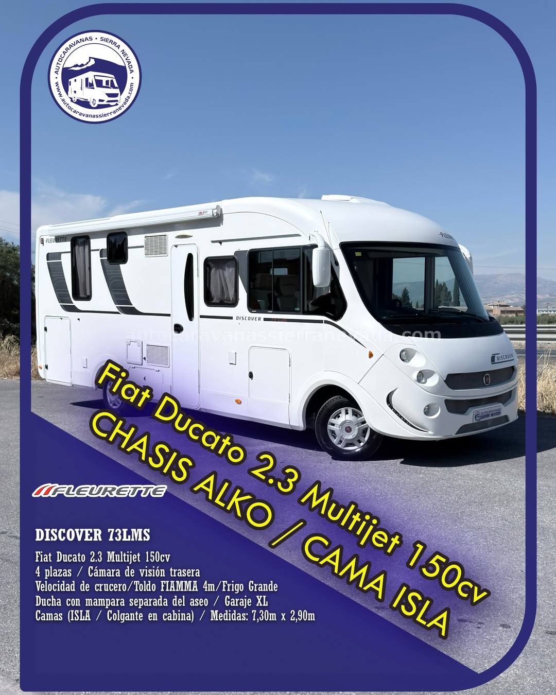 Integral FLEURETTE DISCOVER 73LMS

Autocaravanas Sierra Nevada empresa con más de 20 años de experiencia en el sector de venta de ocasión os ofrece esta magnífica casa rodante.🗣️👉 Para más información o precio 💵 consulté en nuestra página web

www.autocaravanassierranevada.com

➡️🌐💻 o haga click👉🖱️ en nuestro enlace ⬇️👇

https://autocaravanassierranevada.com/listings/fleurette-discover-73lms/

¿Quieres pagar a plazos?
Llama y te informamos sin compromiso

📞617795719
📞621251555

Extras 👇

MOTOR: Fiat Ducato 2.3 Multijet 150cv
AÑO: 2014
KM: 126.000
Medidas: 7,30m x 2,90m
Plazas viajar: 4
Plazas dormir: 4
* Medida Garaje con doble portón : (2,20m x 1,10m x 0,90m)
* Camas (Isla/ Colgante en cabina)
* Chasis ALKO + Barras de torsión

Extras:
Aire acondicionado(de motor)
AirBag (conductor y copiloto)
Velocidad de Crucero
Cierre centralizado
Espejos eléctricos
Elevalunas eléctricos (sólo conductor)
Radio (2DIN-CD-USB-BT)
Cámara de visión trasera(en radio)
Asientos giratorios
Oscurecedores REMIS en cabina completa
Mosquiteras en ventanas, claraboyas y puerta principal
Ventana PRACTICABLE con mosquitera en puerta principal
Claraboyas transparentes y Claraboya xxl en salón
Frigo DOMETIC (220v, Gas, 12v, Auto) 160L capacidad
Horno
Extractor de humos
Ducha con mampara separada de aseo
Batería de 100ah.
Placa solar de 100w.
Calefacción Truma Combi
Tv 12v. (LCD-HDMI-USB-DVD)
Escalón de doble peldaño integrado
Toldo FIAMMA de 4m.
Escalera trasera para subir a techo
Baca de aluminio
Neumáticos reforzados marca CONTINENTAL especial camper

#autocaravanastyle #viajarconniños #viajarenautocaravanaconniños #roadtrip #autocaravanaadventure #ventadeautocaravanas #autocaravanassierranevada #autocaravantravel #autocaravanaenlaplaya #kitcamping #differentholidays #camaisla #motorhome #caravanas1000 #camper