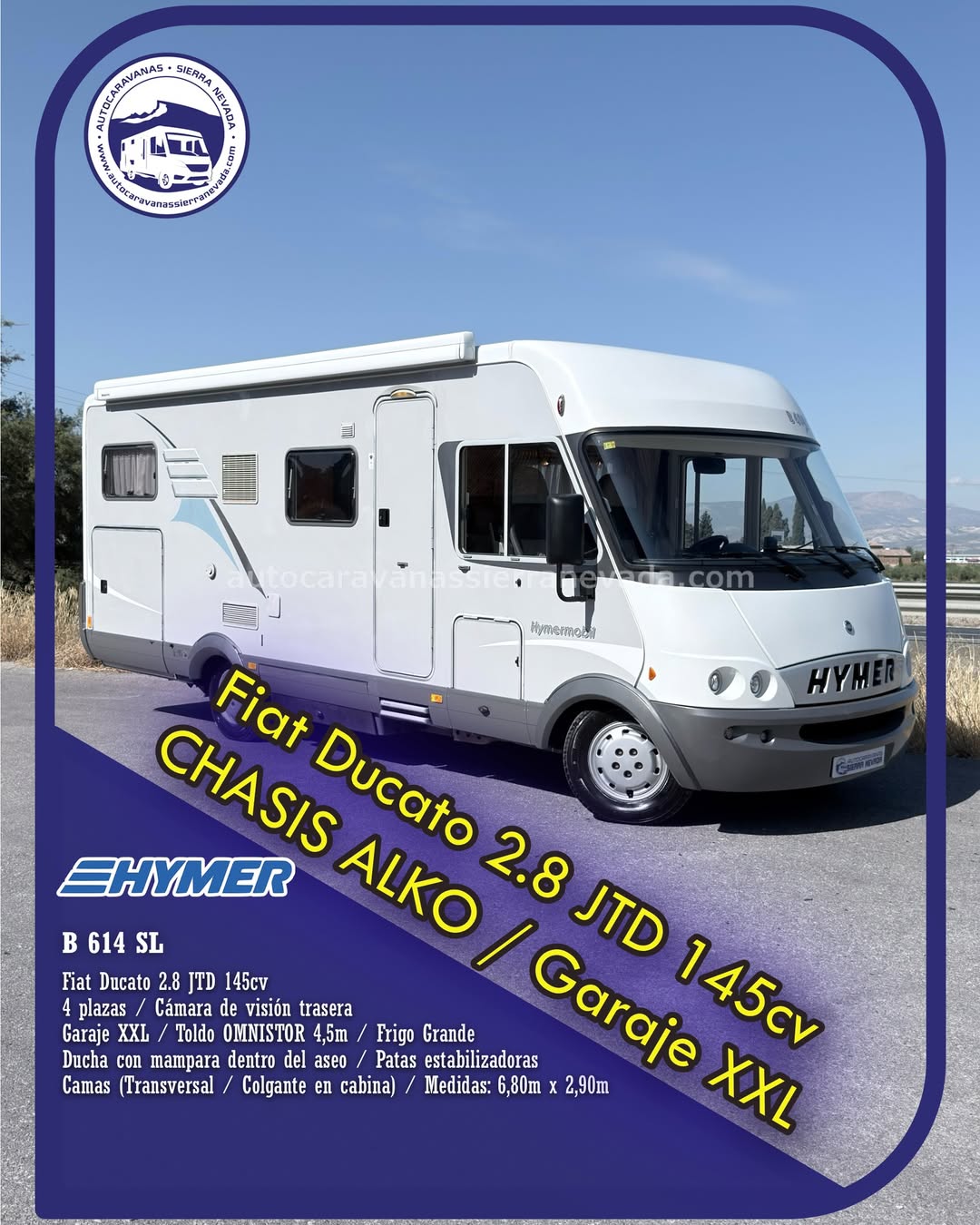 Integral Hymer B 614 SL Autocaravanas Sierra Nevada empresa con más de 20 años de experiencia en el sector de venta de ocasión os ofrece esta magnífica casa rodante.🗣️👉 Para más información o precio 💵 consulté en nuestra página web www.autocaravanassierranevada.com ➡️🌐💻 o haga click👉🖱️ en nuestro enlace ⬇️👇 https://autocaravanassierranevada.com/listings/hymer-b-614-sl-3/ ¿Quieres pagar a plazos? Llama y te informamos sin compromiso 📞617795719 📞621251555 Extras 👇 MOTOR: Fiat Ducato 2.8 JTD 145cv AÑO: 2005 KM: 87.000 Medidas: 6,80m x 2,90m Plazas viajar: 4 Plazas dormir: 4 * Medida Garaje con doble portón : (1,90m x 1,50m x 1,20m) * Camas (Transversal / Colgante en cabina) * Chasis ALKO EXTRAS: Aire acondicionado(de motor) A.S.R (Sistema antiderrapaje) Elevalunas eléctricos (sólo conductor) Radio CD Cámara de visión trasera Asientos giratorios Oscurecedores REMIS en cabina completa Mosquiteras en ventanas y claraboyas Claraboya xxl en salón Frigo DOMETIC (220v, Gas, 12v, Auto) 150L capacidad Horno Extractor de humos Ducha con mampara dentro de aseo Batería de 100ah. Placa solar de 100w. Calefacción Trumatic C Escalón eléctrico de aluminio Toldo OMNISTOR de 4,5m. Patas estabilizadoras Maleteros laterales con acceso al doble suelo Neumáticos reforzados marca MICHELIN especial camper #autocaravanastyle #viajarconniños #viajarenautocaravanaconniños #roadtrip #autocaravanaadventure #ventadeautocaravanas #autocaravanassierranevada #autocaravantravel #autocaravanaenlaplaya #kitcamping #differentholidays #camaisla #motorhome #caravanas1000 #camper