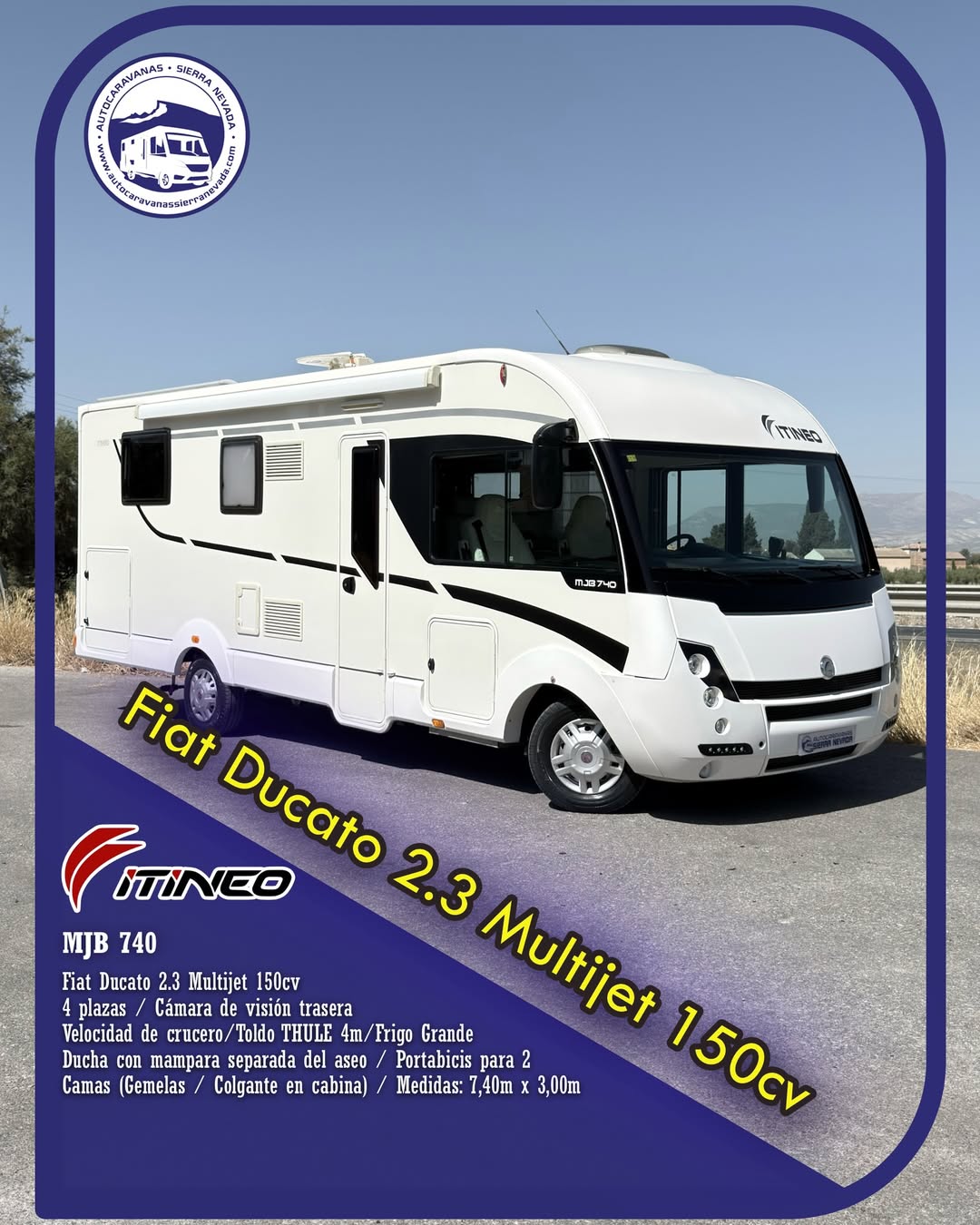 Integral ITINEO MJB740 Autocaravanas Sierra Nevada empresa con más de 20 años de experiencia en el sector de venta de ocasión os ofrece esta magnífica casa rodante.🗣️👉 Para más información o precio 💵 consulté en nuestra página web www.autocaravanassierranevada.com ➡️🌐💻 o haga click👉🖱️ en nuestro enlace ⬇️👇 https://autocaravanassierranevada.com/listings/itineo-mjb740/ ¿Quieres pagar a plazos? Llama y te informamos sin compromiso 📞617795719 📞621251555 Extras 👇 MOTOR: Fiat Ducato 2.3 MultiJet 150cv AÑO: 2015 KM: 62.000 Medidas: 7,40m x 3,00m Plazas viajar: 4 Plazas dormir: 4 * Medida Garaje doble portón: (2,20m x 1,10m x 1,00m) * Camas (Gemelas / Colgante en cabina) Extras: Aire acondicionado(de motor) AirBag(conductor y copiloto) Velocidad de Crucero Cierre centralizado Espejos eléctricos Elevalunas eléctricos (conductor) Radio (SD-BT-USB-AUX) Cámara de Visión Trasera Asientos giratorios Oscurecedores REMIS en cabina completa Mosquiteras en ventanas, claraboyas y puerta principa Claraboyas transparentes y Claraboya xxl en salón Frigo THETFORD (220v, Gas, 12v, Auto) 150L capacidad Ducha con mampara separada de aseo Batería de 100ah. Placa solar de 100w. Calefacción Truma combi Tv 12v. (TDT-HDMI-USB-DVD) Escalón de doble peldaño integrado Toldo THULE de 4m. Escalera trasera Baca de aluminio Portabicis para 2 Neumáticos reforzados especial camper #autocaravanastyle #viajarconniños #viajarenautocaravanaconniños #roadtrip #autocaravanaadventure #ventadeautocaravanas #autocaravanassierranevada #autocaravantravel #autocaravanaenlaplaya #kitcamping #differentholidays #camaisla #motorhome #caravanas1000 #camper