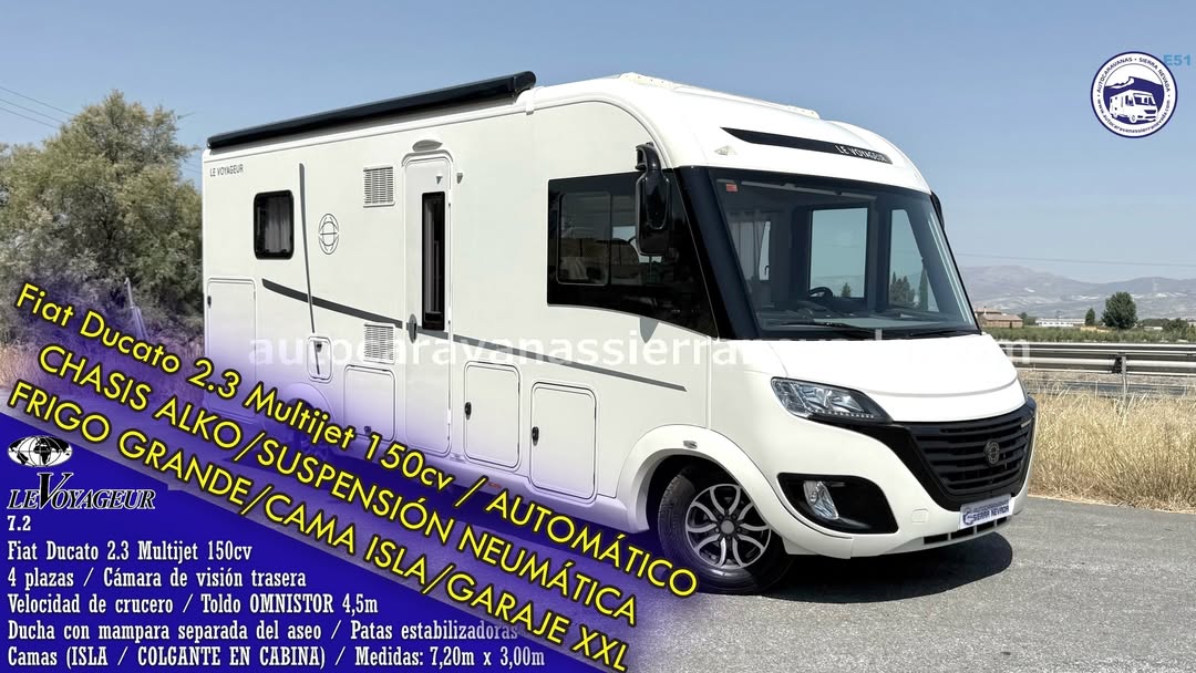 Integral LEVOYAGEUR 7.2 Autocaravanas Sierra Nevada empresa con más de 20 años de experiencia en el sector de venta de ocasión os ofrece esta magnífica casa rodante.🗣️👉 Para más información o precio 💵 consulté en nuestra página web www.autocaravanassierranevada.com ➡️🌐💻 o haga click👉🖱️ en nuestro enlace ⬇️👇 https://autocaravanassierranevada.com/listings/levoyageur-7-2-2/ ¿Quieres pagar a plazos? Llama y te informamos sin compromiso 📞617795719 📞621251555 Extras 👇 CARNET C MOTOR:Fiat Ducato 2.3 Multijet 150cv AUTOMATICO AÑO: 2017 KM: 52.000 Medidas: 7,20m x 3,00m Plazas viajar: 4 Plazas dormir: 4 * Medida Garaje con doble portón:(2,20m x 1,10m x 1,05m) * Camas (ISLA / Colgante en Cabina) * Chasis ALKO + Barra de torsión * Suspensión neumática autoinflado desde cabina * Patas estabilizadoras hidráulicas control desde pantalla Extras: Aire acondicionado (de motor) AirBag (conductor y copiloto) Velocidad de crucero Cierre centralizado (2 puertas) Espejos eléctricos Elevalunas eléctricos (sólo conductor) Radio (2DIN – CD – USB – BT) Cámara de visión trasera Sensor de aparcamiento Asientos giratorios OscurecedoresREMIS en cabina completa Parasoles enrollables manuales Mosquiteras en ventanas, claraboyas y puerta principal Claraboyas Transparentes excepto turbovent Claraboyas XXL en salón TuerboVent en cocina Frigo DOMETIC (220v, Gas, 12v, Auto) 134L capacidad Ducha con mampara separada del aseo Inverter de 1500w 1Batería de litio de 120ah. 2 Placas solares 250 watt. En total y regulador victron blue solar charge Boster DC-batterycharger Calefacción ALDE 1 TV 12v (smart TV TDT USB HDMI) 1 TV 12v. (TDT - HDMI - USB -) Escalón eléctrico de aluminio Toldo OMNISTOR de 4,5m. Maleteros Laterales Ducha exterior Llantas de aluminio y Neumáticos reforzados marca CONTINENTAL especial camper #autocaravanastyle #viajarconniños #viajarenautocaravanaconniños #roadtrip #autocaravanaadventure #ventadeautocaravanas #autocaravanassierranevada #autocaravantravel #autocaravanaenlaplaya #kitcamping #differentholidays #camaisla #motorhome #caravanas1000 #camper