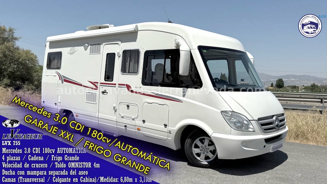 Integral LEVOYAGEUR LVX755 Autocaravanas Sierra Nevada empresa con más de 20 años de experiencia en el sector de venta de ocasión os ofrece esta magnífica casa rodante.🗣️👉 Para más información o precio 💵 consulté en nuestra página web www.autocaravanassierranevada.com ➡️🌐💻 o haga click👉🖱️ en nuestro enlace ⬇️👇 https://autocaravanassierranevada.com/listings/levoyageur-lvx755/ ¿Quieres pagar a plazos? Llama y te informamos sin compromiso 📞617795719 📞621251555 Extras 👇 MOTOR: Mercedes 3.0 CDI 180cv AUTOMATICA AÑO: 2009 KM: 108.000 Medidas: 6,80m x 3,10m Plazas viajar: 4 Plazas dormir: 4 * Medida Garaje con doble portón: (2,20m x 0,80m x 1,10m) * Camas (Transversal / Colgante eléctrica en Cabina) * Cadena de distribución * Suspensión Mercedes Extras: Aire acondicionado (de motor) A.S.R (Sistema antiderrapaje) Velocidad de crucero Cierre centralizado 2 puertas Espejos eléctricos Elevalunas eléctricos (sólo conductor) Radio (2DIN – CD – USB – BT – AUX) Asientos giratorios Oscurecedores REMIS en cabina completa Mosquiteras en ventanas, claraboyas Claraboyas transparentes excepto ducha Claraboyas XXL en salón Caja fuerte Frigo DOMETIC (220v, Gas, 12v, Auto) 150L capacidad Horno Ducha con mampara separada de aseo WC con SOG 2 Batería de AGM 95ah. Placa solar de 100w. Calefacción Trumatic Combi TV 12v (TDT – HDMI – USB) Escalón eléctrico de aluminio Toldo OMNISTOR de 4m. Maleteros Laterales Extraibles Neumáticos reforzados marca camper #autocaravanastyle #viajarconniños #viajarenautocaravanaconniños #roadtrip #autocaravanaadventure #ventadeautocaravanas #autocaravanassierranevada #autocaravantravel #autocaravanaenlaplaya #kitcamping #differentholidays #camaisla #motorhome #caravanas1000 #camper #motorhome #rv #campingwithdogs #campingcar