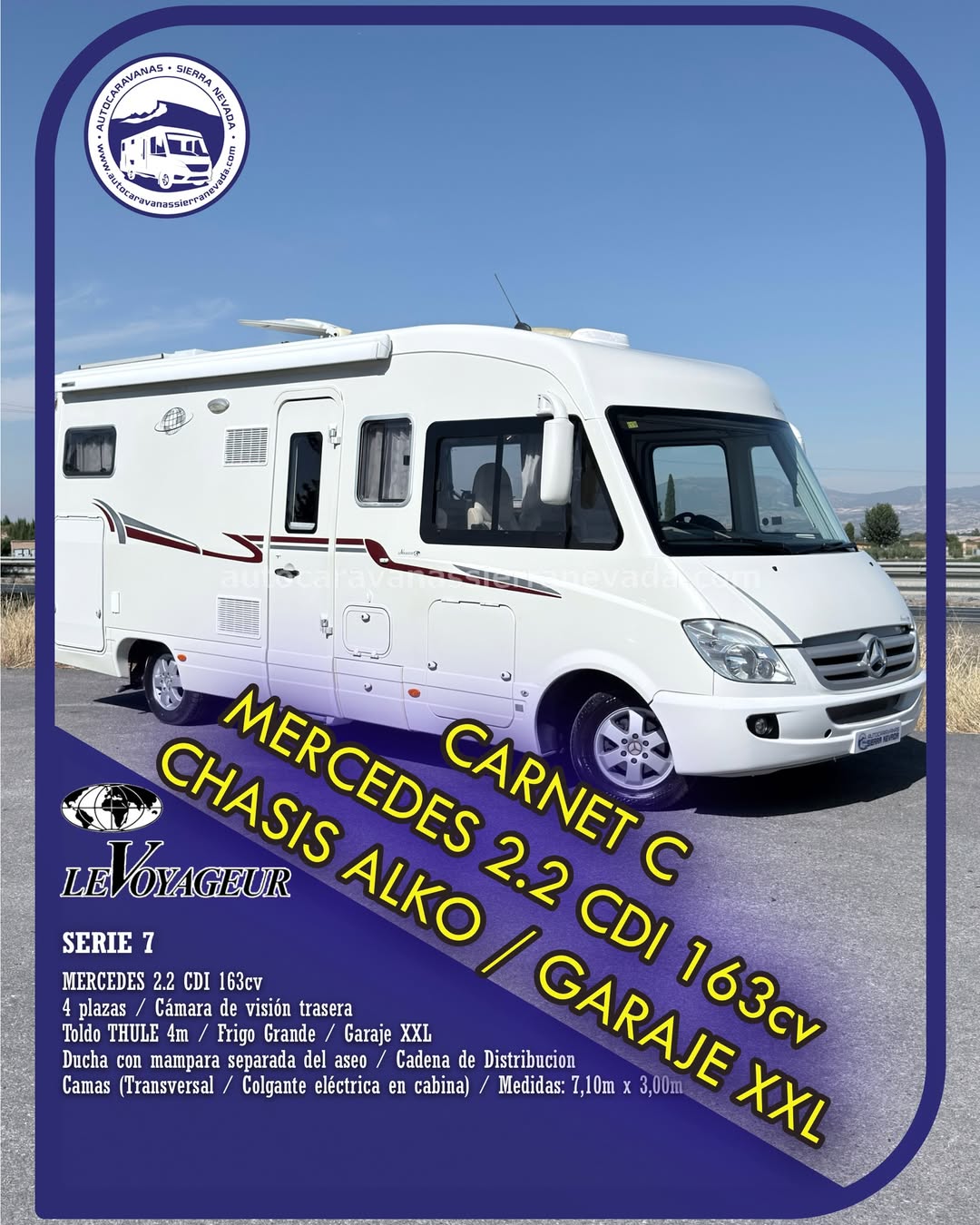 Integral LEVOYAGEUR SERIE 7 Autocaravanas Sierra Nevada empresa con más de 20 años de experiencia en el sector de venta de ocasión os ofrece esta magnífica casa rodante.🗣️👉 Para más información o precio 💵 consulté en nuestra página web www.autocaravanassierranevada.com ➡️🌐💻 o haga click👉🖱️ en nuestro enlace ⬇️👇 https://autocaravanassierranevada.com/listings/levoyageur-serie-7/ ¿Quieres pagar a plazos? Llama y te informamos sin compromiso 📞617795719 📞621251555 Extras 👇 CARNET C MOTOR: MERCEDES 2.2 CDI 163cv AÑO: 2011 KM: 99.000 Medidas: 7,10m x 3,00m Plazas viajar: 4 Plazas dormir: 4 * Medida Garaje con doble portón : (2,20m x 0,80m x 1,00m) * Camas (Transversal/ Colgante eléctrica en cabina) * Chasis ALKO + Barras de torsión * Cadena de distribución Extras: Aire acondicionado(de motor) A.S.R (Sistema antiderrapaje) Velocidad de Crucero Cierre centralizado Espejos eléctricos Elevalunas eléctricos (sólo conductor) Radio (2DIN-CD-USB-AUX-BT) Cámara de visión trasera(en radio) Asientos giratorios Oscurecedores REMIS en cabina completa Mosquiteras en ventanas, claraboyas y puerta principal Claraboyas transparentes y Claraboya xxl en salón Frigo DOMETIC (220v, Gas, 12v, Auto) 160L capacidad Horno Extractor de humos Ducha con mampara separada de aseo Batería de 100ah. Placa solar de 100w. Calefacción Truma Combi Tv 12v. (HDMI-TDT) Escalón eléctrico de aluminio Toldo THULE de 4m. Ducha exterior Maleteros laterales extraíbles Neumáticos reforzados especial camper #autocaravanastyle #viajarconniños #viajarenautocaravanaconniños #roadtrip #autocaravanaadventure #ventadeautocaravanas #autocaravanassierranevada #autocaravantravel #autocaravanaenlaplaya #kitcamping #differentholidays #camaisla #motorhome #caravanas1000 #camper