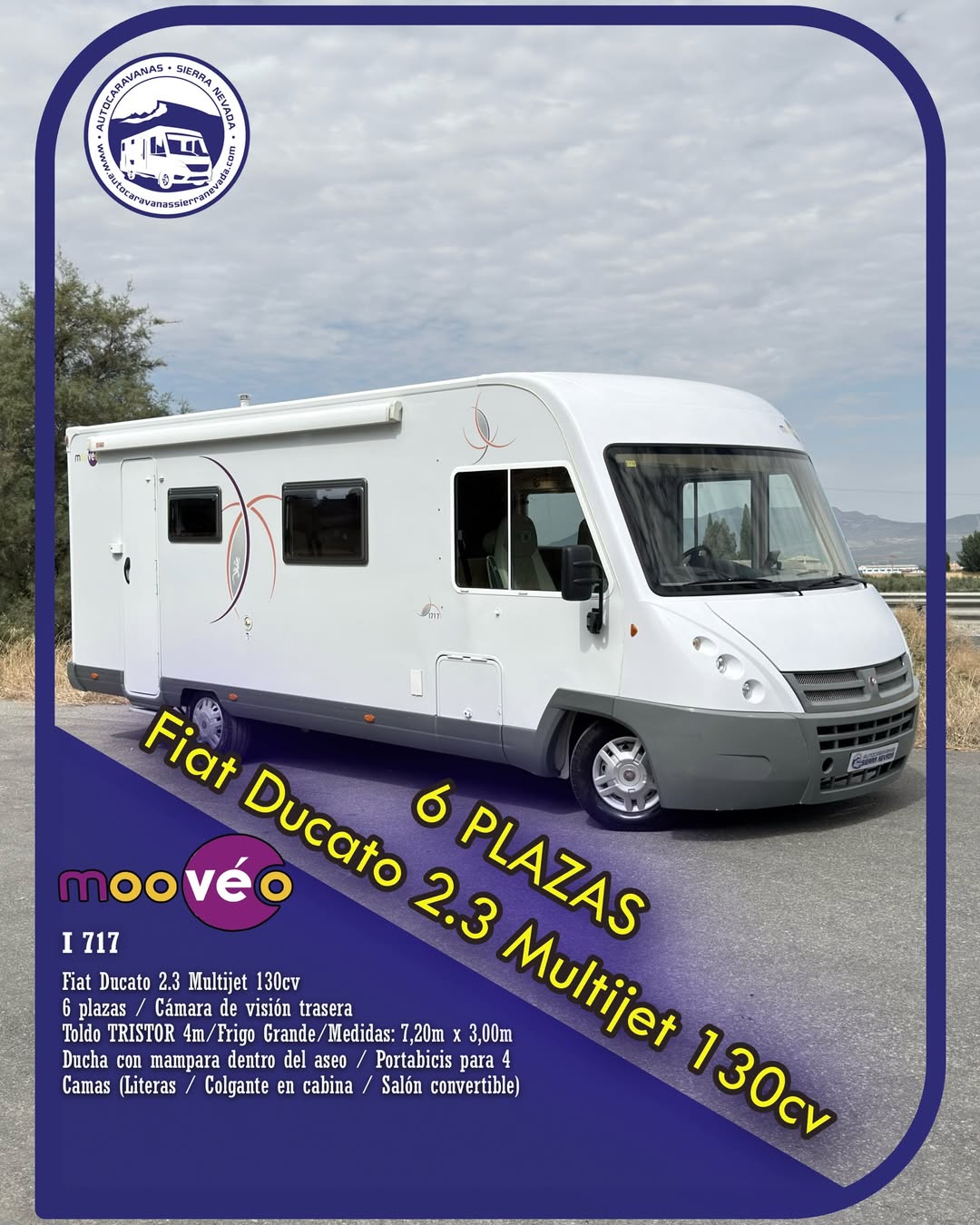 Integral MOOVEO i 717 Autocaravanas Sierra Nevada empresa con más de 20 años de experiencia en el sector de venta de ocasión os ofrece esta magnífica casa rodante.🗣️👉 Para más información o precio 💵 consulté en nuestra página web www.autocaravanassierranevada.com ➡️🌐💻 o haga click👉🖱️ en nuestro enlace ⬇️👇 https://autocaravanassierranevada.com/listings/mooveo-i717/ ¿Quieres pagar a plazos? Llama y te informamos sin compromiso 📞617795719 📞621251555 Extras 👇 MOTOR: Fiat Ducato 2.3 Multijet 130cv AÑO: 2011 KM: 75.000 Medidas: 7,20m x 3,00m Plazas viajar: 6 Plazas dormir: 6 * Medida Garaje : (0,60m x 1,90m x 1,20m) * Camas (Literas / Colgante en cabina/Salón convertible) Extras: Aire acondicionado(de motor) Elevalunas eléctricos(sólo conductor) Radio (CD-USB-AUX) Cámara de visión trasera Asiento giratorio(SOLO CONDUCTOR) Mosquiteras en ventanas, claraboyas Claraboya xxl en salón Frigo DOMETIC (220v, Gas, 12v) 142L capacidad Ducha con mampara dentro de aseo Batería de 100ah. Placa solar de 100w. Calefacción TRUMATIC de radiador Tv 12v. (sistema android smart TV-HDMI-USB) Escalón de aluminio manual Toldo TRISTOR de 4m. Portabicis CARRY BIKE para 4 Neumáticos reforzados marca CONTINENTAL especial camper #autocaravanastyle #viajarconniños #viajarenautocaravanaconniños #roadtrip #autocaravanaadventure #ventadeautocaravanas #autocaravanassierranevada #autocaravantravel #autocaravanaenlaplaya #kitcamping #differentholidays #camaisla #motorhome #caravanas1000 #camper