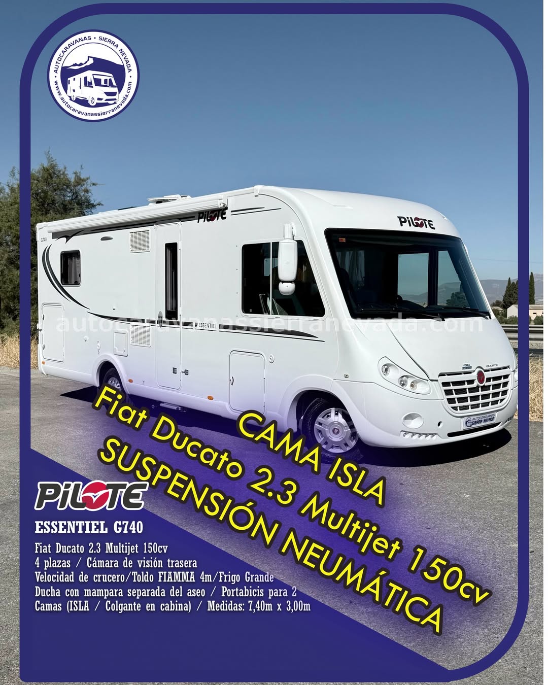 Integral PILOTE ESSENTIEL G740

Autocaravanas Sierra Nevada empresa con más de 20 años de experiencia en el sector de venta de ocasión os ofrece esta magnífica casa rodante.🗣️👉 Para más información o precio 💵 consulté en nuestra página web

www.autocaravanassierranevada.com

➡️🌐💻 o haga click👉🖱️ en nuestro enlace ⬇️👇

https://autocaravanassierranevada.com/listings/pilote-essentiel-g740-2/

¿Quieres pagar a plazos?
Llama y te informamos sin compromiso

📞617795719
📞621251555

Extras 👇

MOTOR: Fiat Ducato 2.3 MultiJet 150cv
AÑO: 2016
KM: 69.000
Medidas: 7,40m x 3,00m
Plazas viajar: 4
Plazas dormir: 4
* Medida Garaje con doble portón:(2,20m x 1,00m x 0,90m)
* Camas (Isla/ Colgante en cabina)

Extras:
Aire acondicionado(de motor)
AirBag(conductor y copiloto)
Velocidad de Crucero
Cierre centralizado
Espejos eléctricos
Elevalunas eléctricos (sólo conductor)
Radio (CD-BT-USB)
Cámara de visión trasera
Asientos giratorios
Oscurecedores REMIS en cabina
Parasoles enrollables manuales
Mosquiteras en ventanas, claraboyas y puerta principal
Claraboyas transparentes y Claraboya xxl en salón
Aire acondicionado 220v
Frigo DOMETIC (220v, Gas, 12v, Auto) 160L capacidad
Extractor de humos
Ducha con mampara separada de aseo
Bateríade 95ah.
2 Placa solar con regulador MPPT de 100w.
Calefacción TRUMA INET READY
Tv 12v. (TDT-HDMI-USB-DVD)
Escalón eléctrico de aluminio
Toldo FIAMMA de 4,5m.
Escalera trasera para subir a techo
Patas estabilizadoras
Portabicis para 2
2 Cierres de Seguridad
Suspensión neumática auto-inflado desde cabina
Neumáticos reforzados especial camper

#autocaravanastyle #viajarconniños #viajarenautocaravanaconniños #roadtrip #autocaravanaadventure #ventadeautocaravanas #autocaravanassierranevada #autocaravantravel #autocaravanaenlaplaya #kitcamping #differentholidays #camaisla #motorhome #caravanas1000 #camper