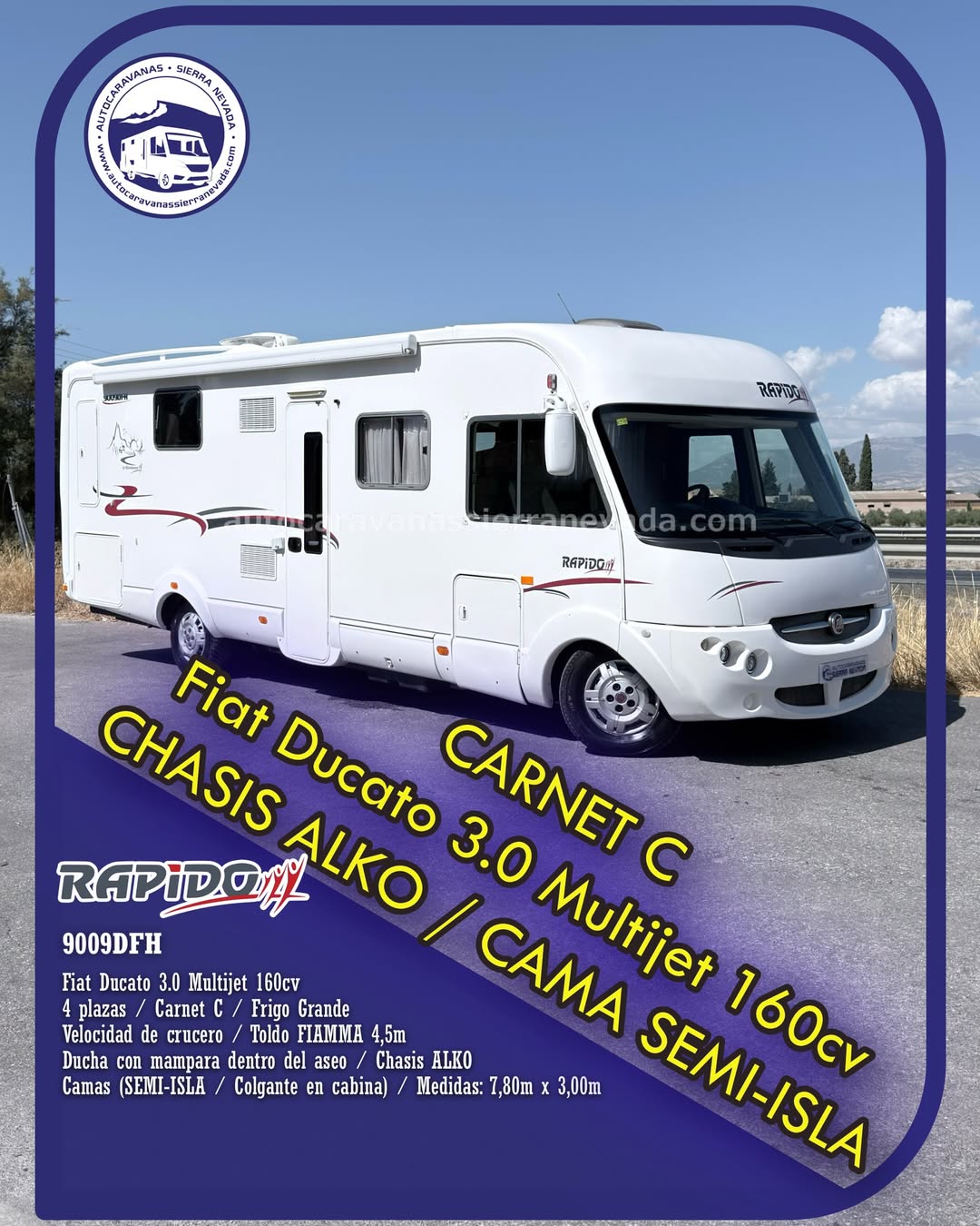 Integral RAPIDO 9009DFH Autocaravanas Sierra Nevada empresa con más de 20 años de experiencia en el sector de venta de ocasión os ofrece esta magnífica casa rodante.🗣️👉 Para más información o precio 💵 consulté en nuestra página web www.autocaravanassierranevada.com ➡️🌐💻 o haga click👉🖱️ en nuestro enlace ⬇️👇 https://autocaravanassierranevada.com/listings/rapido-9009dfh/ ¿Quieres pagar a plazos? Llama y te informamos sin compromiso 📞617795719 📞621251555 Extras 👇 CARNET C MOTOR: Fiat Ducato 3.0 MultiJet 160cv AÑO: 2009 KM: 99.000 Medidas: 7,80m x 3,00m Plazas viajar: 4 Plazas dormir: 4 * Medida Garaje : (2,00m x 1,00m x 0,30m) * Camas (Semi-Isla / Colgante en cabina) * Chasis ALKO + Barras de torsión * Cadena de distribución Extras: Aire acondicionado(de motor) AirBag (conductor y copiloto) A.S.R (Sistema antiderrapaje) Velocidad de Crucero Cierre centralizado Espejos eléctricos Elevalunas eléctricos (sólo conductor) Radio (CD-AUX) Asientos giratorios Oscurecedores REMIS en cabina completa Mosquiteras en ventanas, claraboyas y puerta principal Claraboyas transparentes y Claraboya xxl en salón Frigo DOMETIC (220v, Gas, 12v, Auto) 150L capacidad Extractor de humos Ducha con mampara dentro de aseo WC con SOG Batería de 95ah. Placa solar de 100w. Calefacción Truma combi E y Truma Combi Tv 12v. (TDT-HDMI) Escalón de doble peldaño integrado Toldo FIAMMA F45 de 4,5m. Baca de aluminio 2 Cierres de seguridad Maleteros laterales Ducha exterior Neumáticos reforzados marca MICHELIN especial camper #autocaravanastyle #viajarconniños #viajarenautocaravanaconniños #roadtrip #autocaravanaadventure #ventadeautocaravanas #autocaravanassierranevada #autocaravantravel #autocaravanaenlaplaya #kitcamping #differentholidays #camaisla #motorhome #caravanas1000 #camper