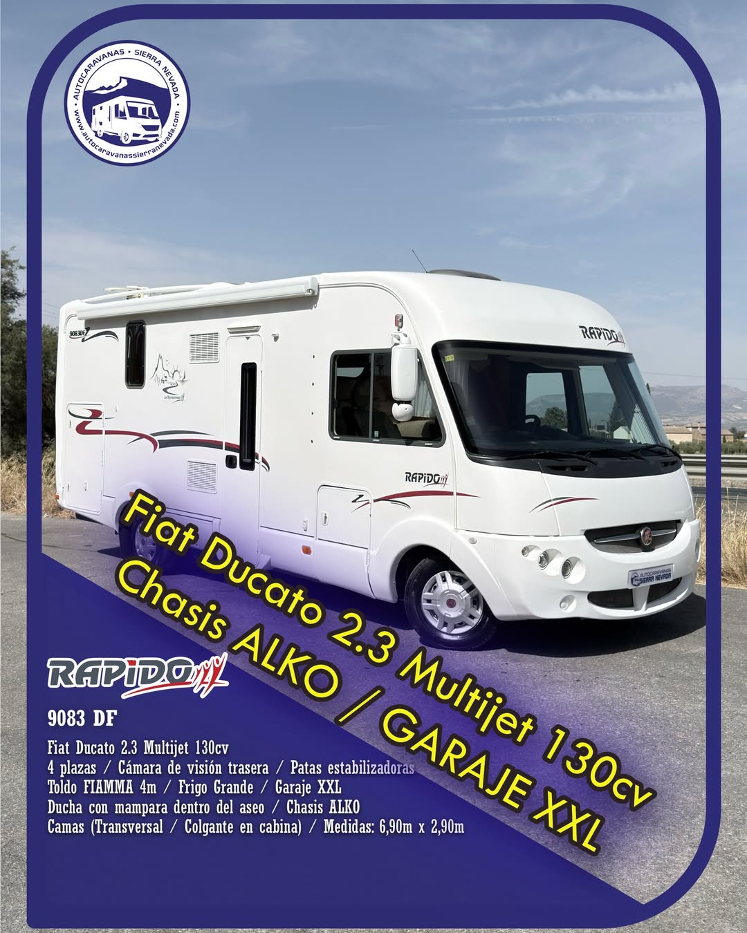 Integral RAPIDO 9083DF Autocaravanas Sierra Nevada empresa con más de 20 años de experiencia en el sector de venta de ocasión os ofrece esta magnífica casa rodante.🗣️👉 Para más información o precio 💵 consulté en nuestra página web www.autocaravanassierranevada.com ➡️🌐💻 o haga click👉🖱️ en nuestro enlace ⬇️👇 https://autocaravanassierranevada.com/listings/rapido-9083-df/ ¿Quieres pagar a plazos? Llama y te informamos sin compromiso 📞617795719 📞621251555 Extras 👇 MOTOR: Fiat Ducato 2.3 MultiJet 130cv AÑO: 2009 KM: 87.000 Medidas: 6,90m x 2,90m Plazas viajar: 4 Plazas dormir: 4 * Medida Garaje con doble portón : (2,15m x 1,90m x 1,10m) * Camas (Transversal/ Colgante) * Chasis ALKO + Barras de torsión Extras: Aire acondicionado (de motor) AirBag (sólo conductor) Cierre centralizado Elevalunas eléctricos (sólo conductor) Radio (2DIN-CD-USB-AUX) Cámara de visión trasera(en radio) Asientos giratorios Oscurecedores REMIS en cabina completa Mosquiteras en ventanas, claraboyas y puerta principal Claraboyas transparentes y Claraboya xxl en salón Frigo DOMETIC (220v, Gas, 12v, Auto) 150L capacidad Extractor de humos Ducha con mampara dentro de aseo Batería de 100ah. Placa solar de 100w. Calefacción Truma Combi Tv 12v. (TDT-HDMI-USB-DVD) Escalón de doble peldaño integrado Toldo de FIAMMA 4m. Baca de aluminio Patas estabilizadora Ducha exterior Maletero lateral extraíble Neumáticos reforzados especial camper #autocaravanastyle #viajarconniños #viajarenautocaravanaconniños #roadtrip #autocaravanaadventure #ventadeautocaravanas #autocaravanassierranevada #autocaravantravel #autocaravanaenlaplaya #kitcamping #differentholidays #camaisla #motorhome #caravanas1000 #camper