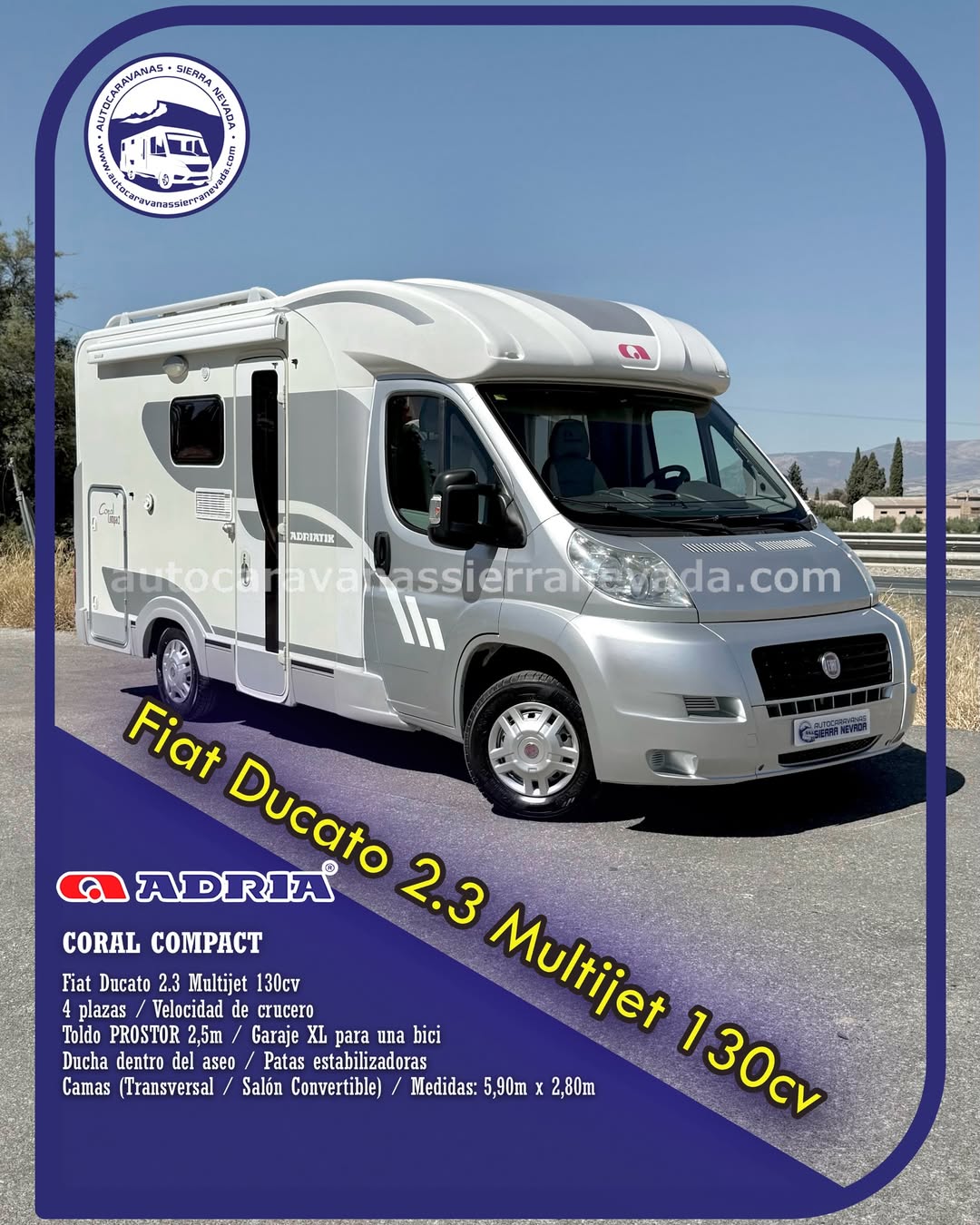 Perfilada ADRIA CORAL COMPACT Autocaravanas Sierra Nevada empresa con más de 20 años de experiencia en el sector de venta de ocasión os ofrece esta magnífica casa rodante.🗣️👉 Para más información o precio 💵 consulté en nuestra página web www.autocaravanassierranevada.com ➡️🌐💻 o haga click👉🖱️ en nuestro enlace ⬇️👇 https://autocaravanassierranevada.com/listings/adria-coral-compact/ ¿Quieres pagar a plazos? Llama y te informamos sin compromiso 📞617795719 📞621251555 Extras 👇 MOTOR: Fiat Ducato 2.3 Multijet 130cv AÑO: 2008 KM: 152.000 Medidas: 5,90m x 2,80m Plazas viajar: 4 Plazas dormir: 4 * Medida maletero doble portón: (2,00m x 0,80m x 1,10m) * Camas (Transversal/Salón Convertible) Extras: Aire acondicionado (de motor) AirBag(solo conductor) Velocidad de Crucero Cierre centralizado(en cabina) Espejos eléctricos Elevalunas eléctricos Radio CD Sensor de Aparcamiento Asientos giratorios Oscurecedores REMIS en cabina completa Mosquiteras en ventanas, claraboyas y puerta principal Claraboyas transparentes y Claraboya xxl en cama trasera Frigo DOMETIC (220v, Gas, 12v, Auto) 106L capacidad Extractor de humos Ducha dentro de aseo Baterías de 95ah. Placa solar de 100w. Calefacción truma combi Escalón de doble peldaño integrado Toldo PROSTOR de 2,5m. Patas estabilizadoras Baca de aluminio 1 Cierres de seguridad Neumáticos reforzados especial camper #autocaravanastyle #viajarconniños #viajarenautocaravanaconniños #roadtrip #autocaravanaadventure #ventadeautocaravanas #autocaravanassierranevada #autocaravantravel #autocaravanaenlaplaya #kitcamping #differentholidays #camaisla #motorhome #caravanas1000 #camper