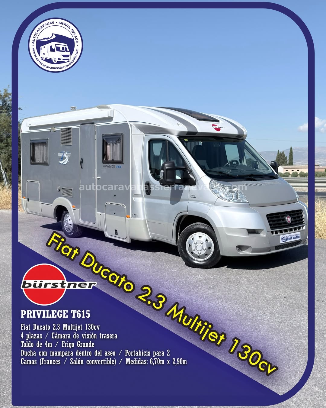 Perfilada BÜRSTNER PRIVILEGE T615 Autocaravanas Sierra Nevada empresa con más de 20 años de experiencia en el sector de venta de ocasión os ofrece esta magnífica casa rodante.🗣️👉 Para más información o precio 💵 consulté en nuestra página web www.autocaravanassierranevada.com ➡️🌐💻 o haga click👉🖱️ en nuestro enlace ⬇️👇 https://autocaravanassierranevada.com/listings/burstner-privilege-t615/ ¿Quieres pagar a plazos? Llama y te informamos sin compromiso 📞617795719 📞621251555 Extras 👇 MOTOR: Fiat Ducato 2.3 MultiJet 130cv AÑO: 2007 KM: 104.000 Medidas: 6,70m x 2,90m Plazas viajar: 4 Plazas dormir: 4 * Medida Garaje:(2,10m x 1,20m x 0,85m) * Camas (Francesa/Salón Convertible) Extras: Aire acondicionado(de motor) AirBag(solo conductor) Cierre Centralizado (en cabina) Elevalunas eléctricos Espejos eléctricos Radio (CD- AUX-USB) Cámara de visión trasera Sensor de Aparcamiento Asientos giratorios Oscurecedores REMIS en cabina completa Mosquiteras en ventanas, claraboyas y puerta principal Claraboyas transparentes y Claraboya panorámica xxl en cabina Frigo DOMETIC (220v, Gas, 12v,auto) 150L capacidad Ducha con mampara dentro de aseo Horno Extractor de Humos Batería de 95ah. Placa solar de 80w. Calefacción Trumatic c TV. 12v (LCD-HDMI-USB-DVD) Escalón doble peldaño integrado Toldo de 3,5m. Maleteros laterales Maleteros laterales con acceso al doble suelos Portabicis para 2 Neumáticos reforzados especial camper #autocaravanastyle #viajarconniños #viajarenautocaravanaconniños #roadtrip #autocaravanaadventure #ventadeautocaravanas #autocaravanassierranevada #autocaravantravel #autocaravanaenlaplaya #kitcamping #differentholidays #camaisla #motorhome #caravanas1000 #camper