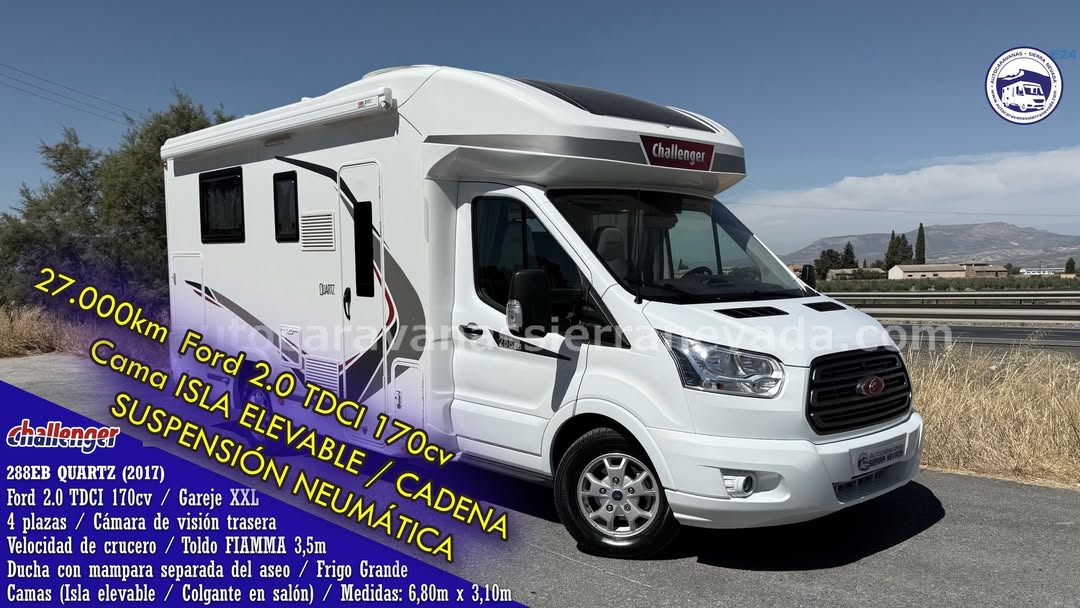 Perfilada CHALLENGER 288EB QUARTZ Autocaravanas Sierra Nevada empresa con más de 20 años de experiencia en el sector de venta de ocasión os ofrece esta magnífica casa rodante.🗣️👉 Para más información o precio 💵 consulté en nuestra página web www.autocaravanassierranevada.com ➡️🌐💻 o haga click👉🖱️ en nuestro enlace ⬇️👇 https://autocaravanassierranevada.com/listings/challenger-288eb-quartz/ ¿Quieres pagar a plazos? Llama y te informamos sin compromiso 📞617795719 📞621251555 Extras 👇 MOTOR: Ford 2.0 TDCI 170cv AÑO: 2017 KM: 27.000 Medidas: 6,80m x 3,10m Plazas viajar: 4 Plazas dormir: 4 * Medida Garaje con doble portón: (2,15m x 0,90m x 1,20m) * Camas (Isla elevable / Colgante eléctrica) * Cadena de distribución * Suspensión Neumática Extras: Aire acondicionado (de motor) AirBag(conductor y copiloto) Velocidad de crucero Cierre centralizado (en cabina) Espejos eléctricos Elevalunas eléctricos Radio Original Ford (USB- BT -AUX) Cámara de visión trasera Asientos giratorios Mosquiteras en ventanas, claraboyas y puerta principal Claraboyas transparentes y Claraboya panorámica en cabina Frigo THETFORD (220v, Gas, 12v, Auto) 175L capacidad Ducha con mampara separada de aseo Batería de 95ah. Placa solar de 80w. Calefacción TRUMA combi inetready a gasoil Tv 12v. (TDT-HDMI-USB-DVD) Escalón de doble peldaño integrado Toldo FIAMMA de 3,5m. Neumáticos reforzados marca MICHELIN especial camper #autocaravanastyle #viajarconniños #viajarenautocaravanaconniños #roadtrip #autocaravanaadventure #ventadeautocaravanas #autocaravanassierranevada #autocaravantravel #autocaravanaenlaplaya #kitcamping #differentholidays #camaisla #motorhome #caravanas1000 #camper #motorhome