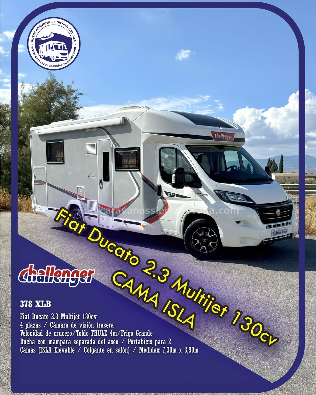 Perfilada CHALLENGER 378XLB Autocaravanas Sierra Nevada empresa con más de 20 años de experiencia en el sector de venta de ocasión os ofrece esta magnífica casa rodante.🗣️👉 Para más información o precio 💵 consulté en nuestra página web www.autocaravanassierranevada.com ➡️🌐💻 o haga click👉🖱️ en nuestro enlace ⬇️👇 https://autocaravanassierranevada.com/listings/challenger-378xlb/ ¿Quieres pagar a plazos? Llama y te informamos sin compromiso 📞617795719 📞621251555 Extras 👇 MOTOR: Fiat Ducato 2.3 Multijet 130cv AÑO: 2017 KM: 72.000 Medidas: 7,30m x 2,90m Plazas viajar: 4 Plazas dormir: 4 * Medida Garaje con doble portón : (2,15m x 0,90m x 1,10m) * Camas (Isla elevable/ Colgante en salón) Extras: Aire acondicionado( de motor) AirBag ( conductor y copliloto) Velocidad de Crucero Cierre centralizado(en cabina) Espejos eléctricos Elevalunas eléctricos Radio (CD-2DIN-AUX-USB-SD-BT) Cámara de visión trasera Asientos giratorios Mosquiteras en ventanas, claraboyas y puerta principal Claraboyas transparentes y Claraboya panorámica xxl en cabina TurboVent Frigo THETFORD (220v, Gas, 12v, Auto) 142L capacidad Ducha con mampara separada de aseo Batería de 95ah. Placa solar de 100w. Calefacción truma inet radady. Tv 12v. (TDT-HDMI-USB) Escalón de doble peldaño integrado Toldo THULE de 4m. Portabicis para 2 Neumáticos reforzados especial camper #autocaravanastyle #viajarconniños #viajarenautocaravanaconniños #roadtrip #autocaravanaadventure #ventadeautocaravanas #autocaravanassierranevada #autocaravantravel #autocaravanaenlaplaya #kitcamping #differentholidays #camaisla #motorhome #caravanas1000 #camper