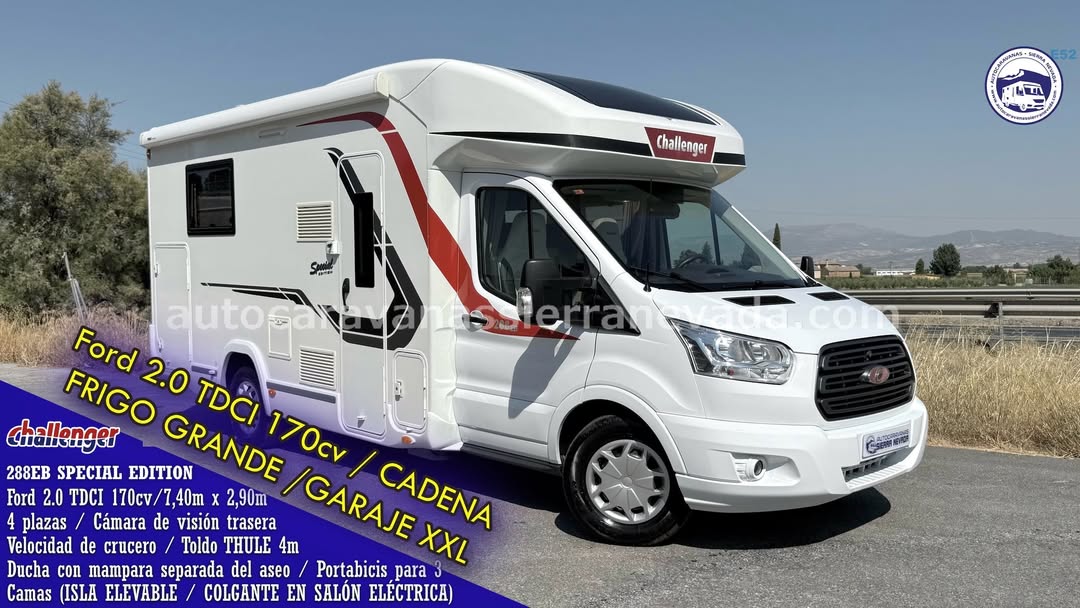 Perfilada CHALLENGER SPECIAL EDITION 288EB

Autocaravanas Sierra Nevada empresa con más de 20 años de experiencia en el sector de venta de ocasión os ofrece esta magnífica casa rodante.🗣️👉 Para más información o precio 💵 consulté en nuestra página web

www.autocaravanassierranevada.com

➡️🌐💻 o haga click👉🖱️ en nuestro enlace ⬇️👇

https://autocaravanassierranevada.com/listings/challenger-special-edition-288eb/

¿Quieres pagar a plazos?
Llama y te informamos sin compromiso

📞617795719
📞621251555

Extras 👇

MOTOR: Ford 2.0 TDCI 170cv
AÑO: 2018
KM: 31.000
Medidas: 7,00m x 2,90m
Plazas viajar: 4
Plazas dormir: 4
* Medida Garaje con doble portón: (2,15m x 0,90m x 1,20m)
* Camas (Isla elevable manual / Colgante eléctrica)
* Cadena de distribución

Extras:
Aire acondicionado (de motor)
AirBag (conductor y copiloto)
Velocidad de crucero
Cierre centralizado (en cabina)
Espejos eléctricos
Elevalunas eléctricos
Radio Original Ford (USB- BT -AUX)
Cámara de visión trasera
Oscurecedores en cabina, cortina y oscurecedores térmicos
Asientos giratorios
Mosquiteras en ventanas, claraboyas y puerta principal
Claraboyas transparentes y Claraboya panorámica en cabina
Frigo THETFORD (220v, Gas, 12v, Auto) 167L capacidad
Ducha con mampara separada de aseo
Batería de 95ah.
Placa solar de 100w.
Calefacción TRUMA combi inet ready
Tv 12v. (TDT-HDMI-USB-DVD) + Antena TDT
Escalón integrado
Toldo THULE de 4m.
Portabicis para 3
1 Cierre de seguridad
Neumáticos reforzados marca Goodyear especial camper

#autocaravanastyle #viajarconniños #viajarenautocaravanaconniños #roadtrip #autocaravanaadventure #ventadeautocaravanas #autocaravanassierranevada #autocaravantravel #autocaravanaenlaplaya #kitcamping #differentholidays #camaisla #motorhome #caravanas1000 #camper #motorhome #rv #campingwithdogs #campingcar