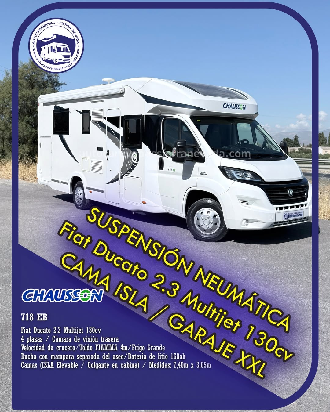 Perfilada CHAUSSON 718 E Autocaravanas Sierra Nevada empresa con más de 20 años de experiencia en el sector de venta de ocasión os ofrece esta magnífica casa rodante.🗣️👉 Para más información o precio 💵 consulté en nuestra página web www.autocaravanassierranevada.com ➡️🌐💻 o haga click👉🖱️ en nuestro enlace ⬇️👇 https://autocaravanassierranevada.com/listings/chausson-718-eb/ ¿Quieres pagar a plazos? Llama y te informamos sin compromiso 📞617795719 📞621251555 Extras 👇 MOTOR: Fiat Ducato 2.3 Multijet 130cv AÑO: 2015 KM: 64.000 Medidas: 7,40m x 3,05m Plazas viajar: 4 Plazas dormir: 4 * Medida Garaje con doble portón : (2,20m x 0,90m x 1,20m) * Camas (Isla elevable/ Colgante en salón) * SUSPENSIÓN NEUMÁTICA con autoinflado desde cabina Extras: Aire acondicionado(de motor) AirBag (conductor y copiloto) Velocidad de Crucero Cierre centralizado(en cabina) Espejos eléctricos Elevalunas eléctricos Radio (CD-USB-AUX) Cámara de visión trasera Asientos giratorios Oscurecedores REMIS en cabina completa Mosquiteras en ventanas, claraboyas y puerta principal Claraboyas transparentes y Claraboya panorámica xxl en cabina Frigo THETFORD (220v, Gas, 12v, Auto) 175L capacidad Ducha con mampara separada de aseo Inversor WAECO de 900.w Batería de LITIO 160ah. Placa solar de 100w. Calefacción Truma Inet Ready a GASOIL Tv 12v. (TDT-HDMI-USB-DVD) Escalón de doble peldaño integrado Toldo FIAMMA F45 de 4m. Neumáticos reforzados especial camper #autocaravanastyle #viajarconniños #viajarenautocaravanaconniños #roadtrip #autocaravanaadventure #ventadeautocaravanas #autocaravanassierranevada #autocaravantravel #autocaravanaenlaplaya #kitcamping #differentholidays #camaisla #motorhome #caravanas1000 #camper