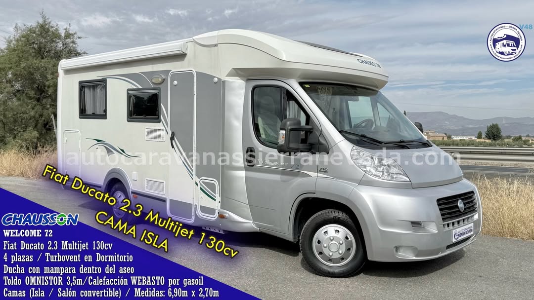 Perfilada CHAUSSON Welcome 72 Autocaravanas Sierra Nevada empresa con más de 20 años de experiencia en el sector de venta de ocasión os ofrece esta magnífica casa rodante.🗣️👉 Para más información o precio 💵 consulté en nuestra página web www.autocaravanassierranevada.com ➡️🌐💻 o haga click👉🖱️ en nuestro enlace ⬇️👇 https://autocaravanassierranevada.com/listings/chausson-welcome-72/ ¿Quieres pagar a plazos? Llama y te informamos sin compromiso 📞617795719 📞621251555 Extras 👇 MOTOR: Fiat Ducato 2.3 MultiJet 130cv AÑO: 2010 KM: 53.000 Medidas: 6,90m x 2,70m Plazas viajar: 4 Plazas dormir: 4 * Medida Garaje con doble portón: (2,15m x 0,80m x 1,00m) * Camas (Isla /Salón Convertible) Extras: Aire acondicionado (de motor) AirBag (conductor y copilo) Cierre centralizado (en cabina) Espejos electicos Elevalunas eléctricos Radio (CD-USB-AUX) Asientos giratorios Mosquiteras en ventanas, claraboyas y puerta principal Claraboyas transparentes y Claraboya panorámica XXL en cabina Claraboya XXL en salón TurboVent (en dormitorio) Frigo DOMETIC (220v, Gas, 12v) 97L capacidad Ducha con mampara dentro de aseo Batería de 95ah. Calefacción WEBASTO por gasoil y Truma Boiler Tv 12v. (LCD-HDMI-USB-DVD) Escalón de doble peldaño integrado Toldo OMNISTOR de 3,5m. Neumáticos reforzados especial camper #autocaravanastyle #viajarconniños #viajarenautocaravanaconniños #roadtrip #autocaravanaadventure #ventadeautocaravanas #autocaravanassierranevada #autocaravantravel #autocaravanaenlaplaya #kitcamping #differentholidays #camaisla #motorhome #caravanas1000 #camper #motorhome