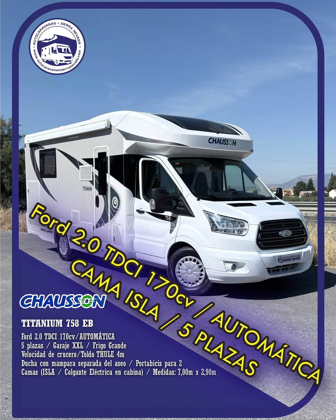 Perfilada Chausson TITANIUM 758 EB Autocaravanas Sierra Nevada empresa con más de 20 años de experiencia en el sector de venta de ocasión os ofrece esta magnífica casa rodante.🗣️👉 Para más información o precio 💵 consulté en nuestra página web www.autocaravanassierranevada.com ➡️🌐💻 o haga click👉🖱️ en nuestro enlace ⬇️👇 https://autocaravanassierranevada.com/listings/chausson-titanium-758-eb/ ¿Quieres pagar a plazos? Llama y te informamos sin compromiso 📞617795719 📞621251555 Extras 👇 MOTOR: Ford 2.0 TDCI 170cv/AUTOMATICA AÑO: 2018 KM: 52.000 Medidas: 7,00m x 2,90m Plazas viajar: 5 Plazas dormir: 5 * Medida Garaje con doble portón : (2,15m x 0,90m x 1,20m) * Camas (Isla / Colgante eléctrica en salón/Salón convertible) Extras: Aire acondicionado (de motor) AirBag (conductor y copiloto) Velocidad de Crucero Cierre centralizado Espejos eléctricos Elevalunas eléctricos Radio (USB-BT-AUX) Asientos giratorios Mosquiteras en ventanas, claraboyas y puerta principal Claraboyas transparentes y Claraboya panorámica xxl en cabina Frigo THETFORD (220v, Gas, 12v, Auto) 167L capacidad Ducha con mampara separada de aseo Batería de 100ah. Placa solar de 100w. Calefacción Truma inet ready a gasoil Tv 12v. (TDT-HDMI-USB-DVD-Smart tv) Escalón de doble peldaño integrado Toldo THULE de 4m. Portabicis para 2 Neumáticos reforzados especial camper #autocaravanastyle #viajarconniños #viajarenautocaravanaconniños #roadtrip #autocaravanaadventure #ventadeautocaravanas #autocaravanassierranevada #autocaravantravel #autocaravanaenlaplaya #kitcamping #differentholidays #camaisla #motorhome #caravanas1000 #camper