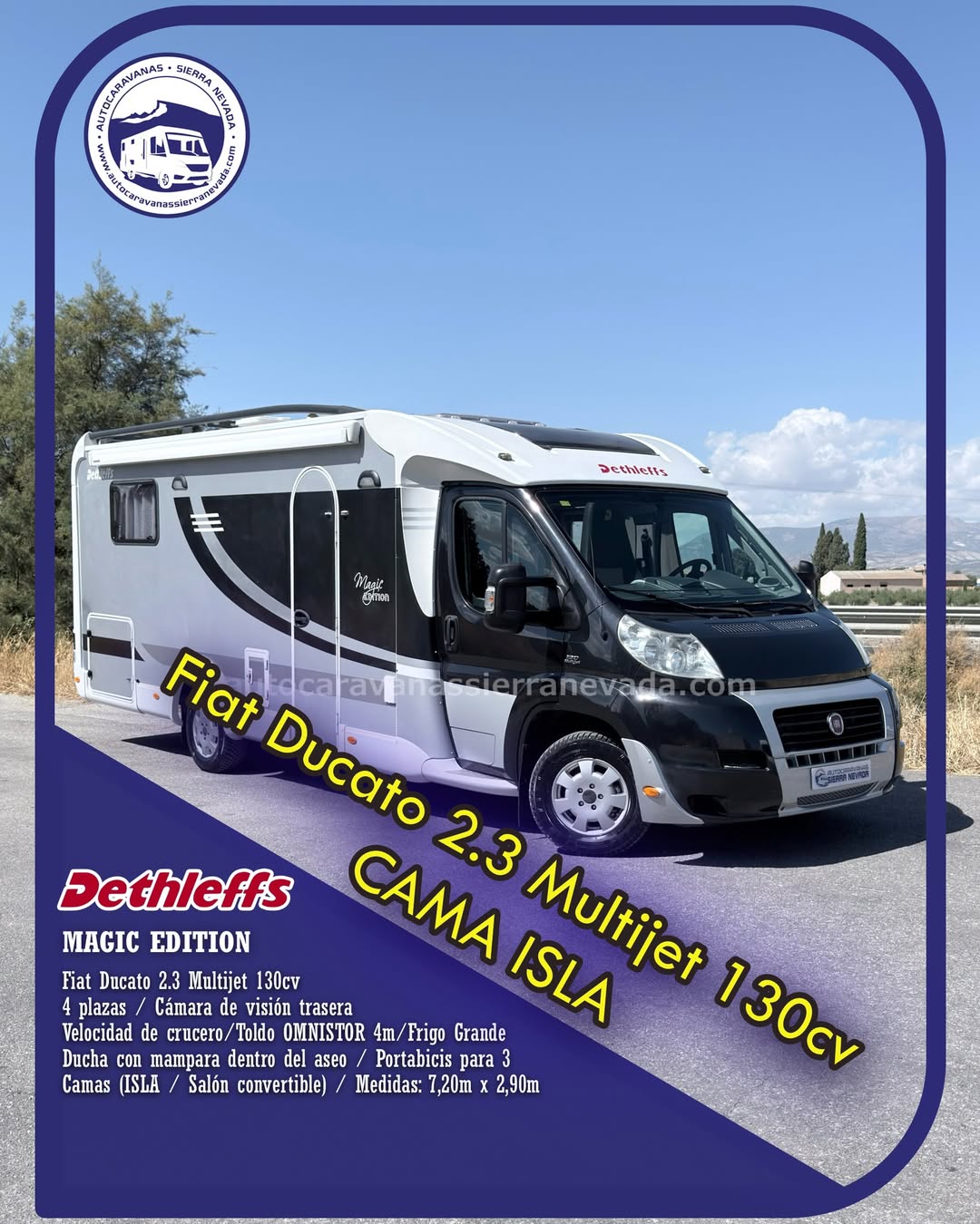 Perfilada DETHLEFFS MAGIC EDITION Autocaravanas Sierra Nevada empresa con más de 20 años de experiencia en el sector de venta de ocasión os ofrece esta magnífica casa rodante.🗣️👉 Para más información o precio 💵 consulté en nuestra página web www.autocaravanassierranevada.com ➡️🌐💻 o haga click👉🖱️ en nuestro enlace ⬇️👇 https://autocaravanassierranevada.com/listings/dethleffs-magic-edition/ ¿Quieres pagar a plazos? Llama y te informamos sin compromiso 📞617795719 📞621251555 Extras 👇 MOTOR: Fiat Ducato 2.3 Multijet 130cv AÑO: 2009 KM: 123.000 Medidas: 7,20m x 2,90m Plazas viajar: 4 Plazas dormir: 4 * Medida Garaje con doble portón : (2,20m x 1,20m x 0,70m) * Camas (Isla / Salón convertible) * Suspensión Neumática Extras: Aire acondicionado(de motor) AirBag(conductor y copiloto) ASR Velocidad de Crucero Cierre centralizado (en cabina) Espejos eléctricos Elevalunas eléctricos Radio (CD-USB-AUX) Cámara de visión trasera Asientos giratorios OscurecedoresREMIS en cabina completa Mosquiteras en ventanas, claraboyas y puerta principal Claraboyas transparentes y Claraboya panorámica xxl en cabina y salón Frigo DOMETIC (220v, Gas, 12v, Auto) 175L capacidad Extractor de humos Ducha con mampara dentro de aseo Batería de 95ah. Placa solar de 100w. Calefacción Truma Combi Tv 12v. (TDT – HDMI – USB – DVD) Peldaño integrado Toldo OMNISTOR de 4m. Escalera trasera Baca Patas estabilizadoras Portabicis OMNI BIKE para 3 Neumáticos reforzados marca MICHELIN especial camper #autocaravanastyle #viajarconniños #viajarenautocaravanaconniños #roadtrip #autocaravanaadventure #ventadeautocaravanas #autocaravanassierranevada #autocaravantravel #autocaravanaenlaplaya #kitcamping #differentholidays #camaisla #motorhome #caravanas1000 #camper
