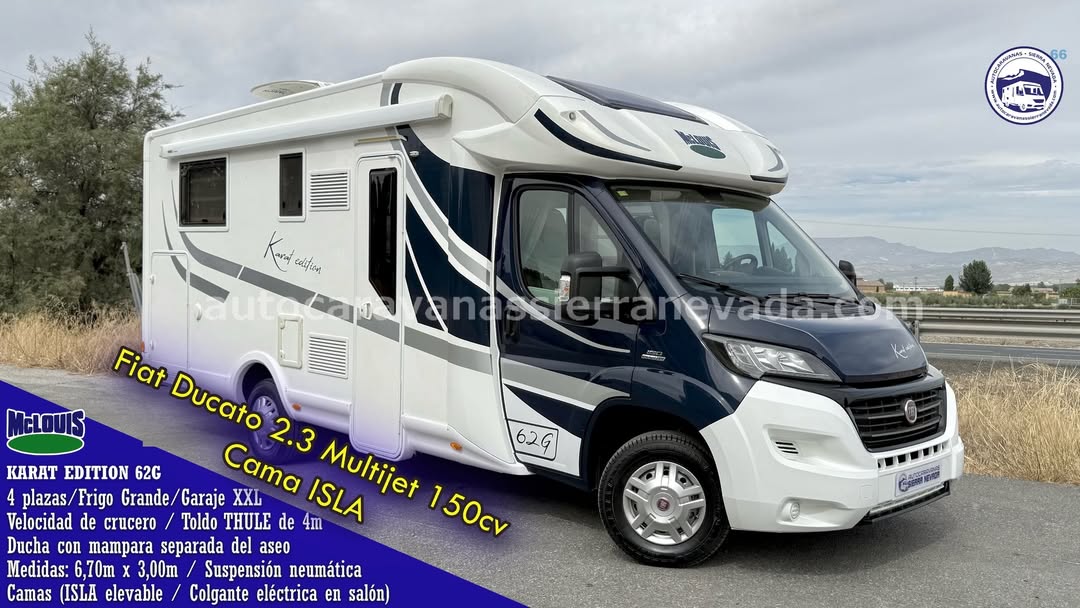 Perfilada McLouis MC4-62G karat edition Autocaravanas Sierra Nevada empresa con más de 20 años de experiencia en el sector de venta de ocasión os ofrece esta magnífica casa rodante.🗣️👉 Para más información o precio 💵 consulté en nuestra página web www.autocaravanassierranevada.com ➡️🌐💻 o haga click👉🖱️ en nuestro enlace ⬇️👇 https://autocaravanassierranevada.com/listings/mclouis-mc4-62g-karat-edition/ ¿Quieres pagar a plazos? Llama y te informamos sin compromiso 📞617795719 📞621251555 Extras 👇 MOTOR: Fiat Ducato 2.3 MultiJet 150cv AÑO: 2015 KM: 41.000 Medidas: 6,70m x 3,00m Plazas viajar: 4 Plazas dormir: 4 * Medida Garaje doble portón: (2,20m x 0,95m x 1,10m) * Camas (Isla elevable/ Colgante eléctrica en Salón) * Suspension neumática Extras: Aire acondicionado (de motor) AirBags (conductor y copiloto) Velocidad de Crucero Cierre centralizado (en cabina) Espejos eléctricos Elevalunas eléctricos Radio (2DIN - Sistema Android – BT - NAVEGADOR) Asientos giratorios Mosquiteras en ventanas, claraboyas y puerta principal Claraboyas transparentes y Claraboya panorámica en cabina Frigo THETFORD (220v, Gas, 12v, Auto) 149L capacidad Extractor de humos Ducha con mampara separada de aseo Batería de 95ah. Calefacción Truma Combi Tv 12v. (TDT-HDMI-USB-DVD) Escalón de doble peldaño integrado Toldo THULE de 4m. Suspensión neumática auto inflado en cabina Neumáticos reforzados especial camper #autocaravanastyle #viajarconniños #viajarenautocaravanaconniños #roadtrip #autocaravanaadventure #ventadeautocaravanas #autocaravanassierranevada #autocaravantravel #autocaravanaenlaplaya #kitcamping #differentholidays #camaisla #motorhome #caravanas1000 #camper