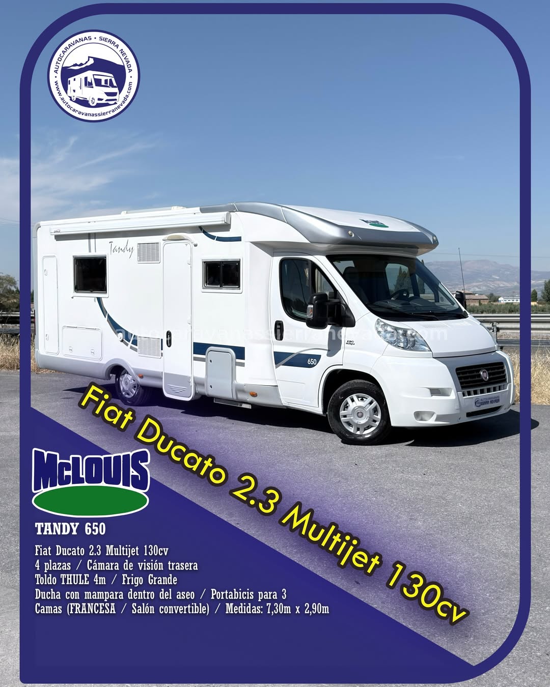 Perfilada McLouis TANDY 650 Autocaravanas Sierra Nevada empresa con más de 20 años de experiencia en el sector de venta de ocasión os ofrece esta magnífica casa rodante.🗣️👉 Para más información o precio 💵 consulté en nuestra página web www.autocaravanassierranevada.com ➡️🌐💻 o haga click👉🖱️ en nuestro enlace ⬇️👇 https://autocaravanassierranevada.com/listings/mclouis-tandy-650/ ¿Quieres pagar a plazos? Llama y te informamos sin compromiso 📞617795719 📞621251555 Extras 👇 MOTOR: Fiat Ducato 2.3 MultiJet 130cv AÑO: 2008 KM: 91.000 Medidas: 7,30m x 2,90m Plazas viajar: 4 Plazas dormir: 4 * Medida Garaje: (1,15m x 1,20m x 0,60m) * Camas (Francesa / Salón convertible) Extras: Aire acondicionado(de motor) AirBag(solo conductor) A.S.R (Sistema antiderrapaje) Cierre centralizado(en cabina) Espejos eléctricos Elevalunas eléctricos Radio (2DIN-CD-USB-AUX-SD-BT) Cámara de visión trasera Asientos giratorios Oscurecedores REMIS en cabina completa Mosquiteras en ventanas y claraboyas Claraboya xxl en salón TurboVent en cocina Frigo DOMETIC (220v, Gas, 12v, Auto) 150L capacidad Horno Extractor de humos Ducha con mampara dentro de aseo Batería de 100ah. Placa solar de 100w. Calefacción Truma Combi Tv 12v. (LCD-HDMI-USB-DVD) Escalón de doble peldaño integrado Toldo THULE de 4m. Portabicis para 3 Neumáticos reforzados marca CONTINENTAL especial camper #autocaravanastyle #viajarconniños #viajarenautocaravanaconniños #roadtrip #autocaravanaadventure #ventadeautocaravanas #autocaravanassierranevada #autocaravantravel #autocaravanaenlaplaya #kitcamping #differentholidays #camaisla #motorhome #caravanas1000 #camper