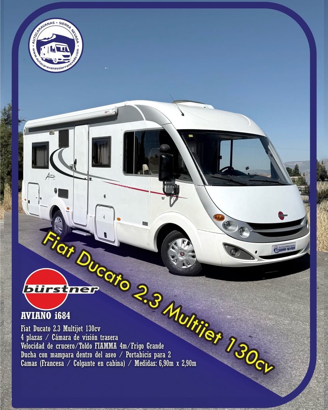 Integral BURSTNER AVIANO i684 Autocaravanas Sierra Nevada empresa con más de 20 años de experiencia en el sector de venta de ocasión os ofrece esta magnífica casa rodante.🗣️👉 Para más información o precio 💵 consulté en nuestra página web www.autocaravanassierranevada.com ➡️🌐💻 o haga click👉🖱️ en nuestro enlace ⬇️👇 https://autocaravanassierranevada.com/listings/burstner-aviano-i684/ ¿Quieres pagar a plazos? Llama y te informamos sin compromiso 📞617795719 📞621251555 Extras 👇 MOTOR: Fiat Ducato 2.3 Multijet 130cv AÑO: 2009 KM: 104.000 Medidas: 6,90m x 2,90m Plazas viajar: 4 Plazas dormir: 4 * Medida Garaje:(2,10m x 1,20m x 0,80m) * Camas (Francesa / Colgante en cabina) Extras: Aire acondicionado (de motor) Velocidad de crucero Espejos eléctricos Radio (2DIN-CD-USB-BT-AUX-Navegador - cámara trasera) Cámara de visión trasera en radio Asientos giratorios OscurecedoresREMIS en cabina completa Mosquiteras en ventanas, claraboyas y puerta principal Claraboyas transparentes y Claraboya XXL en salón Frigo DOMETIC (220v, Gas, 12v, Auto) 150L capacidad Extractor de humos Ducha con mampara dentro de aseo Batería de 95ah. Placa solar de 100w. Calefacción TRUMA Combi Tv 12v. (TDT-HDMI-USB) Escalón eléctrico de aluminio Toldo FIAMMA de 4m. Portabicis para 2 1 Cierre de seguridad en la puerta principal Neumáticos reforzados especial camper #autocaravanastyle #viajarconniños #viajarenautocaravanaconniños #roadtrip #autocaravanaadventure #ventadeautocaravanas #autocaravanassierranevada #autocaravantravel #autocaravanaenlaplaya #kitcamping #differentholidays #camaisla #motorhome #caravanas1000 #camper