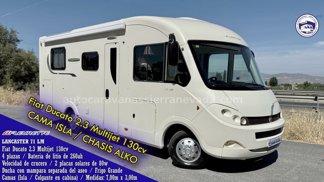 Integral FLEURETTE Florium Landcaster 71 Autocaravanas Sierra Nevada empresa con más de 20 años de experiencia en el sector de venta de ocasión os ofrece esta magnífica casa rodante.🗣️👉 Para más información o precio 💵 consulté en nuestra página web www.autocaravanassierranevada.com ➡️🌐💻 o haga click👉🖱️ en nuestro enlace ⬇️👇 https://autocaravanassierranevada.com/listings/fleurette-florium-landcaster-71/ ¿Quieres pagar a plazos? Llama y te informamos sin compromiso 📞617795719 📞621251555 Extras 👇 MOTOR:Fiat Ducato 2.3 MultiJet 130cv AÑO: 2013 KM: 59.000 Medidas: 7,00m x 3,00m Plazas viajar: 4 Plazas dormir: 4 * Medida Garaje: (2,15m x 1,00m x 0,80m) * Camas (Isla/ Colgante) * Chasis ALKO + Barras de torsión Extras: Aire acondicionado(de motor) AirBag(conductor y copiloto) Velocidad de Crucero Cierre centralizado Espejos eléctricos Elevalunas eléctricos (sólo conductor) Radio (2DIN-CD-USB-BT-CAMARA TRASERA) Asientos giratorios Oscurecedores REMIS en cabina completa Mosquiteras en ventanas, claraboyas Claraboyas transparentes y Claraboya xxl en salón Frigo DOMETIC (220v, Gas, 12v, Auto) 160L capacidad Horno a gas Extractor de humos Ducha con mampara separada de aseo 1 Baterías LITIO de 260ah. 2 Placas solares de 80w. Calefacción TRUMA Combi Tv 12v. (TDT-HDMI-USB-DVD) Escalón de doble peldaño integrado Toldo PROSTOR de 4m. Baca de aluminio Neumáticos reforzados marca CONTINENTAL especial camper #autocaravanastyle #viajarconniños #viajarenautocaravanaconniños #roadtrip #autocaravanaadventure #ventadeautocaravanas #autocaravanassierranevada #autocaravantravel #autocaravanaenlaplaya #kitcamping #differentholidays #camaisla #motorhome #caravanas1000 #camper #motorhome