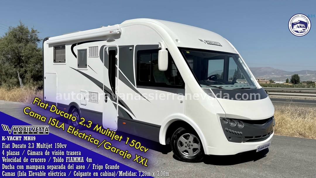 Integral MOBILVETTA K-YACHT MH89 Autocaravanas Sierra Nevada empresa con más de 20 años de experiencia en el sector de venta de ocasión os ofrece esta magnífica casa rodante.🗣️👉 Para más información o precio 💵 consulté en nuestra página web www.autocaravanassierranevada.com ➡️🌐💻 o haga click👉🖱️ en nuestro enlace ⬇️👇 https://autocaravanassierranevada.com/listings/mobilvetta-k-yacht-mh89/ ¿Quieres pagar a plazos? Llama y te informamos sin compromiso 📞617795719 📞621251555 Extras 👇 MOTOR: Fiat Ducato 2.3 MultiJet 150cv AÑO: 2013 KM: 53.000 Medidas: 7,20m x 3,00m Plazas viajar: 4 Plazas dormir: 4 * Medida Garaje con doble portón: (2,20m x 1,15m x 1,25m) * Camas (Isla elevable eléctrica / Colgante en cabina) Extras: Aire acondicionado(de motor) AirBag(conductor y copilo) Velocidad de Crucero Cierre centralizado(puerta de cabina) Espejos electicos Elevalunas eléctricos (Conductor) Radio (CD-USB-AUX) Cámara de visión trasera Asientos giratorios OscurecedoresREMIS en cabina completa Parasoles enrollables manuales Mosquiteras en ventanas, claraboyas y puerta principal Claraboyas transparentes y Claraboya panorámica XXL en salón y cama trasera Frigo DOMETIC (220v, Gas, 12v, Auto) 150L capacidad Horno Extractor de humos Ducha con mampara separada de aseo Batería de 100ah. 2 Placa solar de 100w. Calefacción Truma Combi Tv 12v.(LCD-HDMI-USB-DVD) Escalón de doble peldaño integrado Toldo FIAMMA de 4m. Ducha exterior Neumáticos reforzados marca MICHELIN especial camper #autocaravanastyle #viajarconniños #viajarenautocaravanaconniños #roadtrip #autocaravanaadventure #ventadeautocaravanas #autocaravanassierranevada #autocaravantravel #autocaravanaenlaplaya #kitcamping #differentholidays #camaisla #motorhome #caravanas1000 #camper #motorhome