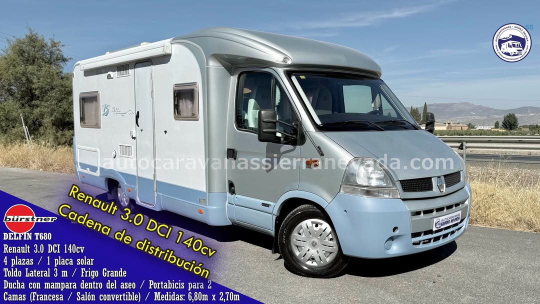 Perfilada BURSTNER DELFIN T680 Autocaravanas Sierra Nevada empresa con más de 20 años de experiencia en el sector de venta de ocasión os ofrece esta magnífica casa rodante.🗣️👉 Para más información o precio 💵 consulté en nuestra página web www.autocaravanassierranevada.com ➡️🌐💻 o haga click👉🖱️ en nuestro enlace ⬇️👇 https://autocaravanassierranevada.com/listings/burstner-delfin-t680-2/ ¿Quieres pagar a plazos? Llama y te informamos sin compromiso 📞617795719 📞621251555 Extras 👇 MOTOR: Renault 3.0 DCI 140cv AÑO: 2004 KM: 121.000 Medidas: 6,80m x 2,70m Plazas viajar: 4 Plazas dormir: 4 * Medida Garaje:(1,20m x 1,20m x 0,55m) * Camas (Francesa /Salón Convertible) * CADENA DE DISTRIBUCIÓN Extras: Aire acondicionado(de motor) AirBag(sólo conductor) Cierre centralizado(en cabina) Espejo eléctricos Elevalunas eléctricos Radio (CD-AUX) Asientos giratorios OscurecedoresREMIS en cabina completa Mosquiteras en ventanas y claraboyas Claraboyas transparentes y ClaraboyaXXL en salón Frigo DOMETIC (220v, Gas, 12v, Auto) 142L capacidad Horno Extractor de humos Ducha con mampara dentro de aseo Batería de 95ah. Placa solar de 100w. Calefacción Trumatic c Tv 12v. (TDT-HDMI-USB)+ Antena TDT Escalón de doble peldaño integrado Toldo Lateral de 3m. Portabicis para 2 1 Cierres de seguridad (puerta principal) Neumáticos reforzados especial camper #autocaravanastyle #viajarconniños #viajarenautocaravanaconniños #roadtrip #autocaravanaadventure #ventadeautocaravanas #autocaravanassierranevada #autocaravantravel #autocaravanaenlaplaya #kitcamping #differentholidays #camaisla #motorhome #caravanas1000 #camper #motorhome