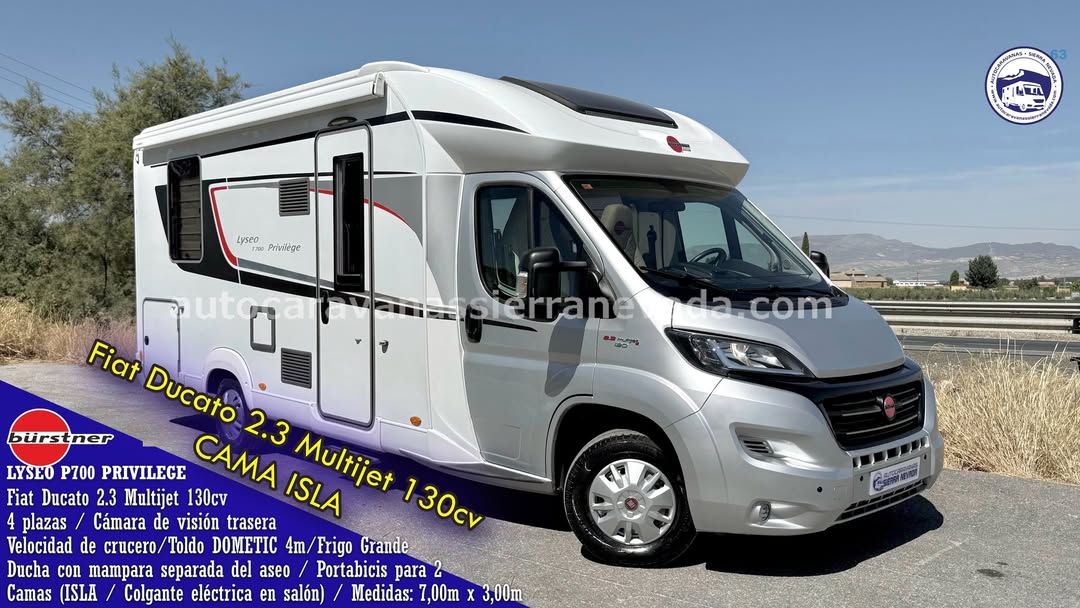 Perfilada BURSTNER LYSEO P700 PRIVILEGE Autocaravanas Sierra Nevada empresa con más de 20 años de experiencia en el sector de venta de ocasión os ofrece esta magnífica casa rodante.🗣️👉 Para más información o precio 💵 consulté en nuestra página web www.autocaravanassierranevada.com ➡️🌐💻 o haga click👉🖱️ en nuestro enlace ⬇️👇 https://autocaravanassierranevada.com/listings/burstner-lyseo-p700-privilege/ ¿Quieres pagar a plazos? Llama y te informamos sin compromiso 📞617795719 📞621251555 Extras 👇 MOTOR: Fiat Ducato 2.3 MultiJet 130cv AÑO: 2017 KM: 57.000 Medidas: 7,00m x 3,00m Plazas viajar: 4 Plazas dormir: 4 * Medida Garaje doble portón:(2,20m x 1,00m x 0,90m) * Camas (ISLA/ Colgante eléctrica en salón) Extras: Aire acondicionado(de motor) AirBag(conductor y copiloto) Velocidad de Crucero Cierre centralizado Elevalunas eléctricos Espejos eléctricos Radio (2DIN - CD-BT-USB- CAMARA TRASERA) Cámara de visión trasera Asientos giratorios Sensor de aparcamiento OscurecedoresREMIS en cabina completa Mosquiteras en ventanas , claraboyas y puerta principal Claraboyas transparentes y Claraboya panorámica XXL en cabina Frigo DOMETIC (220v, Gas, 12v-auto) 150L capacidad Extractor de humos Ducha con mampara separadadel aseo Batería de 95ah. Placa solar de 80w. Calefacción Truma inet ready Tv 12v. (TDT-HDMI-USB) Escalón eléctrico de aluminio Toldo DOMETICde 4m. Portabicis THULE para 2 elevable Neumáticos reforzados especial camper #autocaravanastyle #viajarconniños #viajarenautocaravanaconniños #roadtrip #autocaravanaadventure #ventadeautocaravanas #autocaravanassierranevada #autocaravantravel #autocaravanaenlaplaya #kitcamping #differentholidays #camaisla #motorhome #caravanas1000 #camper #motorhome