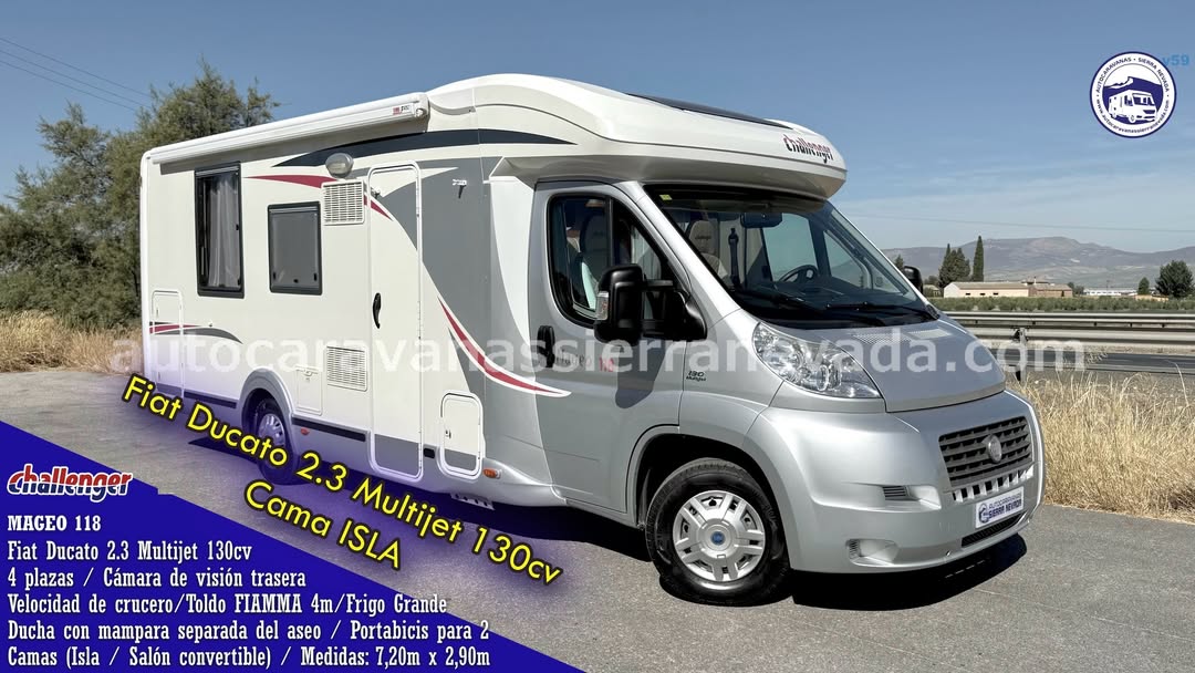 Perfilada CHALLENGER MAGEO 118 Autocaravanas Sierra Nevada empresa con más de 20 años de experiencia en el sector de venta de ocasión os ofrece esta magnífica casa rodante.🗣️👉 Para más información o precio 💵 consulté en nuestra página web www.autocaravanassierranevada.com ➡️🌐💻 o haga click👉🖱️ en nuestro enlace ⬇️👇 https://autocaravanassierranevada.com/listings/challenger-mageo-118/ ¿Quieres pagar a plazos? Llama y te informamos sin compromiso 📞617795719 📞621251555 Extras 👇 MOTOR:Fiat Ducato 2.3. MultiJet 130cv AÑO: 2012 KM: 56.000 Medidas: 7,20m x 2,90m Plazas viajar: 4 Plazas dormir: 4 * Medida Garaje con doble portón: (2,15m x 0,80m x 0,80m) * Camas (Isla /Salón Convertible) Extras: Aire acondicionado(de motor) AirBag(conductor y copiloto) Cierre centralizado(en cabina) Velocidad de crucero Espejos eléctricos Elevalunas eléctricos Radio (CD-AUX) Cámara de visión trasera Asientos giratorios Mosquiteras en ventanas, claraboyas y puerta principal Claraboya XXL en salón y Claraboya panorámica XXL en cabina TurboVent Frigo DOMETIC (220v, Gas, 12v) 190L capacidad Ducha con mampara separada de aseo Bateríade 95ah. Placa solar de 100w. Calefacción WEBASTO a gasoil Tv 12v. (TDT-HDMI-USB-DVD) Escalón integrado Toldo FIAMMA de 4m. Portabicis para 2 elevable Neumáticos reforzados especial camper #autocaravanastyle #viajarconniños #viajarenautocaravanaconniños #roadtrip #autocaravanaadventure #ventadeautocaravanas #autocaravanassierranevada #autocaravantravel #autocaravanaenlaplaya #kitcamping #differentholidays #camaisla #motorhome #caravanas1000 #camper #motorhome