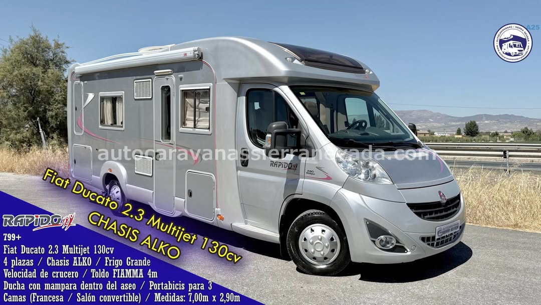 Perfilada RAPIDO, modelo 7099+ Autocaravanas Sierra Nevada empresa con más de 20 años de experiencia en el sector de venta de ocasión os ofrece esta magnífica casa rodante.🗣️👉 Para más información o precio 💵 consulté en nuestra página web www.autocaravanassierranevada.com ➡️🌐💻 o haga click👉🖱️ en nuestro enlace ⬇️👇 https://autocaravanassierranevada.com/listings/rapido-7099/ ¿Quieres pagar a plazos? Llama y te informamos sin compromiso 📞617795719 📞621251555 Extras 👇 MOTOR:Fiat 2.3 MultiJet 130cv AÑO: 2010 KM: 91.000 Medidas: 7,00m x 2,90m Plazas viajar: 4 Plazas dormir: 4 * Medida Garaje: (1,95m x 1,15m x 0,30m) * Camas (Francesa/ Salón Convertible) * Chasis ALKO + Barras de torsión Extras: Aire acondicionado (de motor) AirBag(sólo conductor) Velocidad de Crucero. Cierre centralizado. Espejos eléctricos. Elevalunas eléctricos. Radio (2DIN-CD-USB-AUX-BT-SD) Asientos giratorios. OscurecedoresREMIS en cabina completa. Mosquiteras en ventanas, claraboyas y puerta principal. Ventana PRACTICABLE con mosquitera en puerta principal. Claraboyas transparentes y Claraboya panorámica en cabina. Frigo DOMETIC(220v, Gas, 12v, Auto) 150L capacidad. Extractor de humos. Ducha con mampara dentro de aseo. Batería de 95ah. Placa solar de 100w. Calefacción Truma Combi Tv 12v. (TDT-HDMI-USB-DVD) Escalón de doble peldaño integrado. Toldo FIAMMA de 4m. Baca de aluminio. Portabicis para 3. Ducha exterior. Neumáticos reforzados marca CONTINENTAL especial camper. #autocaravanastyle #viajarconniños #viajarenautocaravanaconniños #roadtrip #autocaravanaadventure #ventadeautocaravanas #autocaravanassierranevada #autocaravantravel #autocaravanaenlaplaya #kitcamping #differentholidays #camaisla #motorhome #caravanas1000 #camper #motorhome
