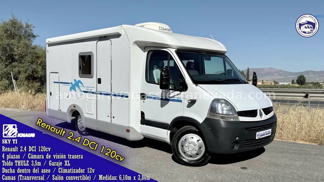 Perfilada knaus SKY TI Autocaravanas Sierra Nevada empresa con más de 20 años de experiencia en el sector de venta de ocasión os ofrece esta magnífica casa rodante.🗣️👉 Para más información o precio 💵 consulté en nuestra página web www.autocaravanassierranevada.com ➡️🌐💻 o haga click👉🖱️ en nuestro enlace ⬇️👇 https://autocaravanassierranevada.com/listings/knaus-sky-ti/ ¿Quieres pagar a plazos? Llama y te informamos sin compromiso 📞617795719 📞621251555 Extras 👇 MOTOR: Renault 2.4 DCI 120cv AÑO: 2008 KM: 91.000 Medidas: 6,10m x 2,80m Plazas viajar: 4 Plazas dormir: 4 * Medida Garaje: (2,15m x 1,40m x 1,15m) * Camas (Transversal / Salón convertible) Extras: Aire acondicionado (de motor) AirBag (solo conductor) Cierre centralizado (solo en cabina) Espejos eléctricos Elevalunas eléctricos Radio (USB-MP3-AUX-BT) Cámara de visión trasera Asientos giratorios Mosquiteras en ventanas, claraboyas y puerta principal Climatizador a 12. Frigo THETFORD (220v, Gas, 12v) 91L de capacidad Ducha dentro de aseo Batería de 100ah. Placa Solar 100w Calefacción Truma Combi Tv 12v. (TDT-USB-DVD) Escalón de doble peldaño integrado Toldo THULE de 3,5m. Neumáticos reforzados marca MICHELIN especial camper #autocaravanastyle #viajarconniños #viajarenautocaravanaconniños #roadtrip #autocaravanaadventure #ventadeautocaravanas #autocaravanassierranevada #autocaravantravel #autocaravanaenlaplaya #kitcamping #differentholidays #camaisla #motorhome #caravanas1000 #camper #motorhome
